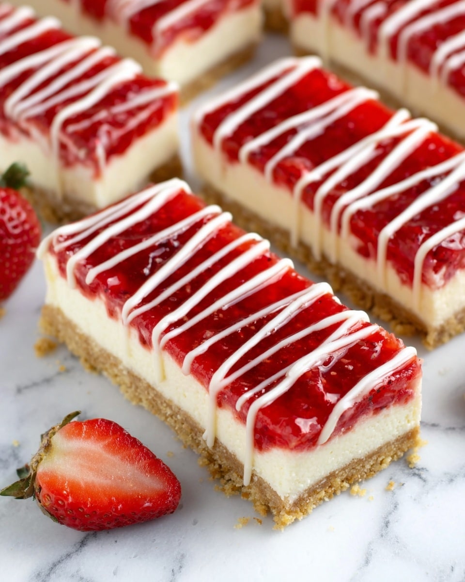 The image shows several rectangular cheesecake bars arranged on a white marbled surface. Each bar has three layers: a bottom crumbly light brown crust, a thick middle creamy off-white layer, and a shiny bright red strawberry topping. The strawberry layer appears glossy with visible pieces of strawberries in a red gelatin-like glaze. White icing is drizzled over the top in neat, evenly spaced lines running lengthwise. A fresh strawberry cut in half is placed near the bars, adding a touch of natural detail and color. Photo taken with an iphone --ar 4:5 --v 7