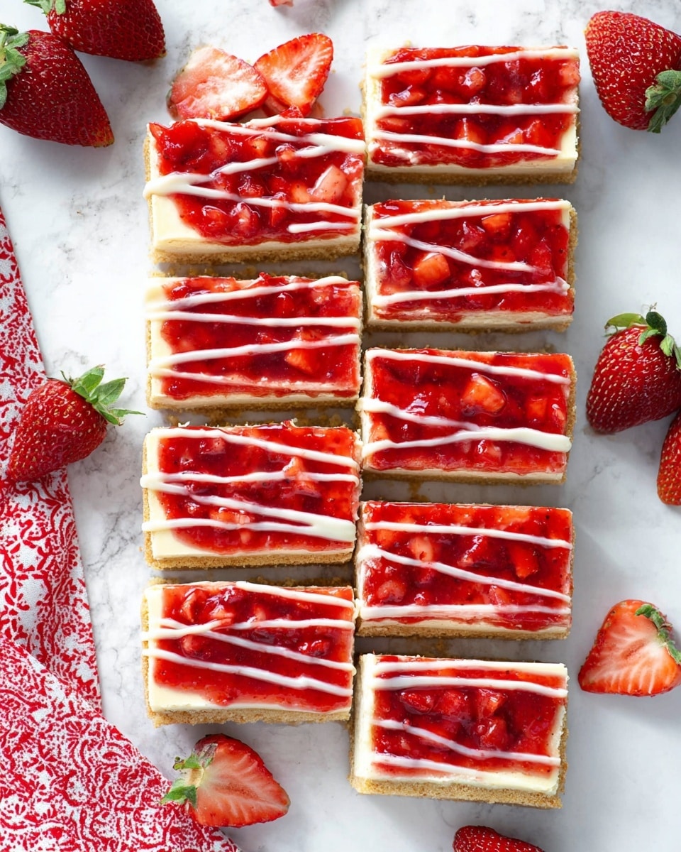 The image shows eight rectangular strawberry cheesecake bars arranged neatly on a white marbled surface. Each bar has three layers: a bottom light brown crumb crust, a thick middle creamy off-white cheesecake layer, and a top glossy bright red strawberry topping with chunks of strawberries visible. White icing is drizzled in thin lines evenly across the top of each bar. Fresh whole and halved strawberries are scattered around the bars, adding a natural, fresh touch to the scene. A red and white patterned cloth is placed on the left side. Photo taken with an iphone --ar 4:5 --v 7