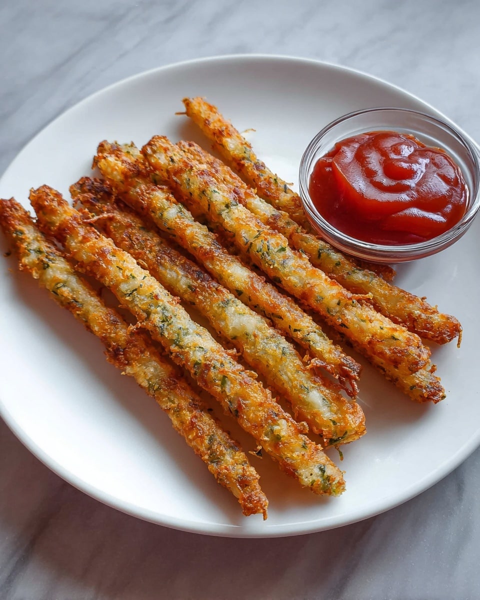 The image shows a white plate with seven long, thin, and crispy fried sticks arranged side by side, each stick having a golden brown color with visible green herbs speckled throughout the crispy texture. To the right of the sticks is a small clear glass bowl filled with bright red ketchup, smooth and glossy in appearance. The plate is placed on a surface with a white marbled texture. photo taken with an iphone --ar 4:5 --v 7