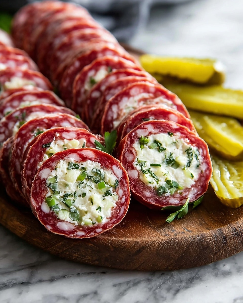 The image shows several round rolls of thinly sliced red salami arranged in rows on a wooden board. Each roll is filled with a white creamy mixture that has small green pieces mixed in, likely chopped herbs or vegetables, giving a textured and fresh look to the filling. The outer layer is smooth with white fat spots visible on the red salami. Near the rolls, there are a few slices of yellowish-green pickles, each having a bumpy skin and soft interior. The whole scene is set against a white marbled texture surface in the background. photo taken with an iphone --ar 4:5 --v 7