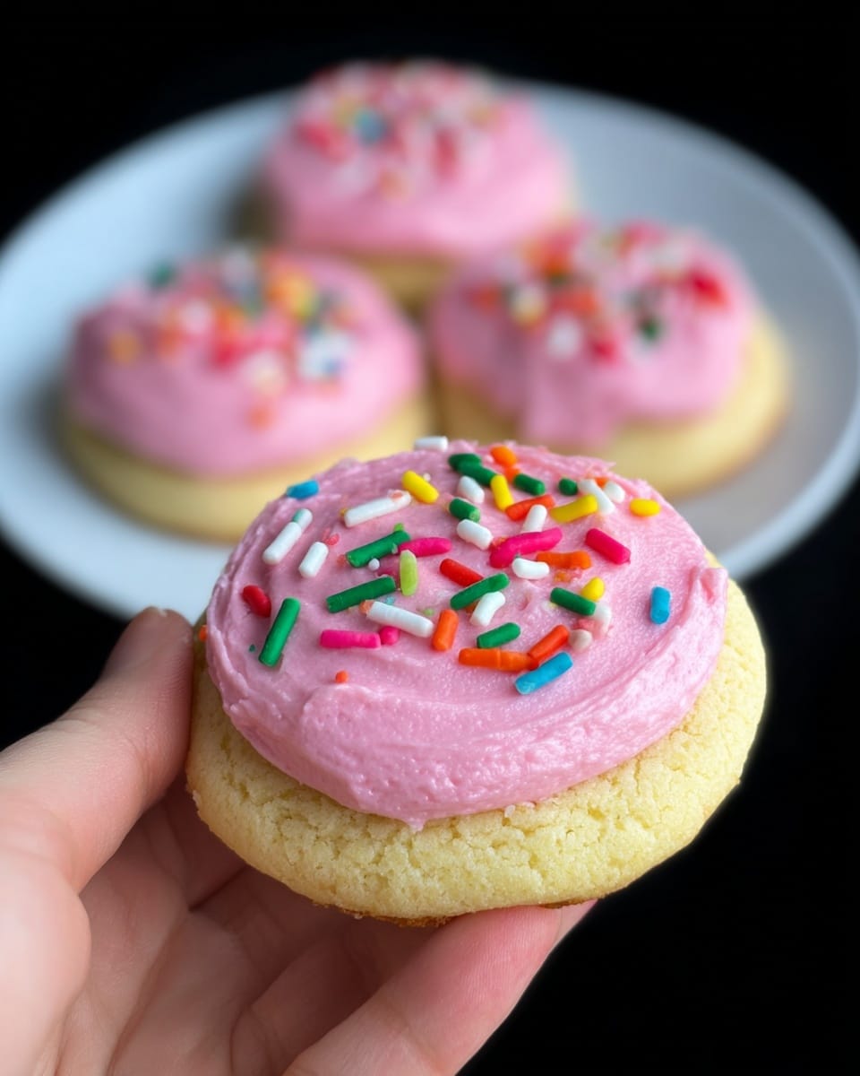A close-up of a soft, light yellow cookie held by a woman's hand, topped with a thick, even layer of smooth pink frosting that almost covers the entire top surface, decorated with small, colorful cylindrical sprinkles in red, white, green, yellow, orange, blue, and pink scattered over the frosting. In the background, three more similar cookies with the same pink frosting and colorful sprinkles are placed on a white plate, all set against a black backdrop that highlights the pastel colors of the cookies. photo taken with an iphone --ar 4:5 --v 7