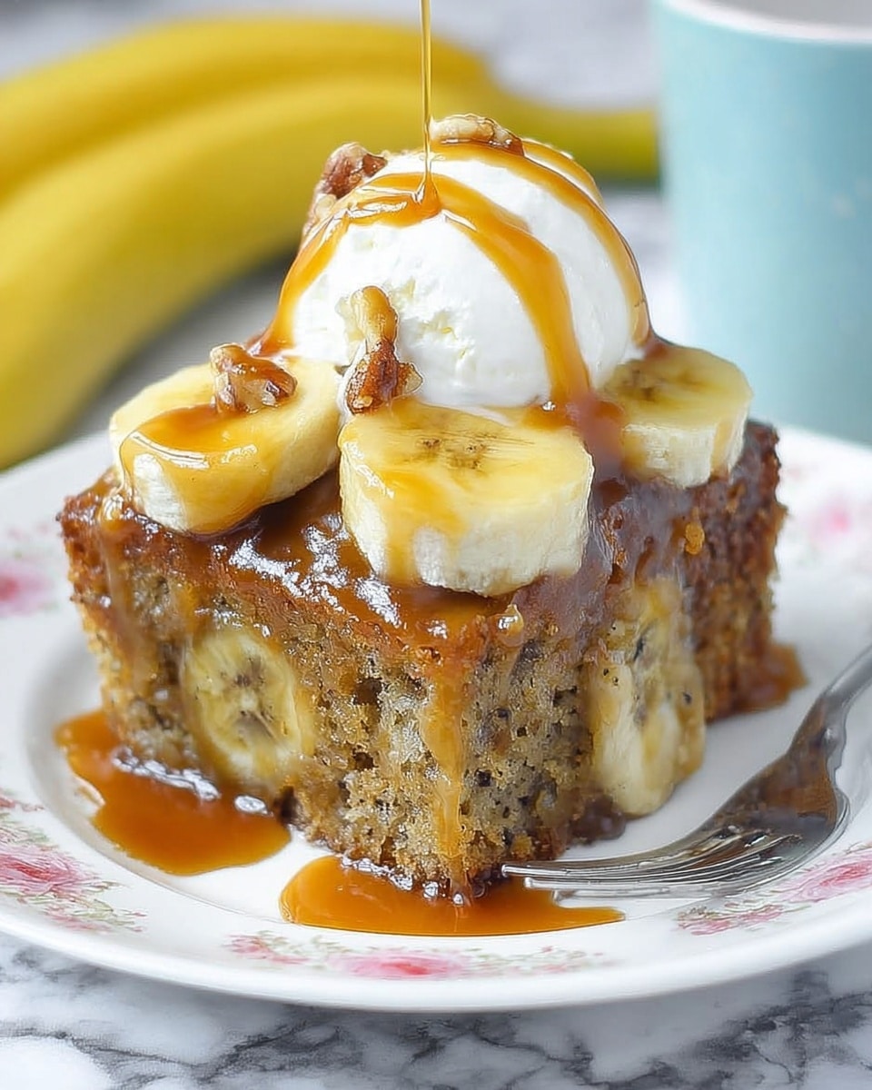 A thick square slice of banana cake sits on a white plate with a floral pattern, showing a dense, moist texture speckled with small bits inside. On top of the cake, there are several banana slices glazed with shiny caramel sauce that drips down the sides. A round scoop of white whipped cream rests on the bananas, with more caramel sauce slowly running down from the top. The plate is placed on a white marbled surface, with a fork partially visible on the side. In the background, there is a blurred yellow banana and a light blue cup. Photo taken with an iphone --ar 4:5 --v 7