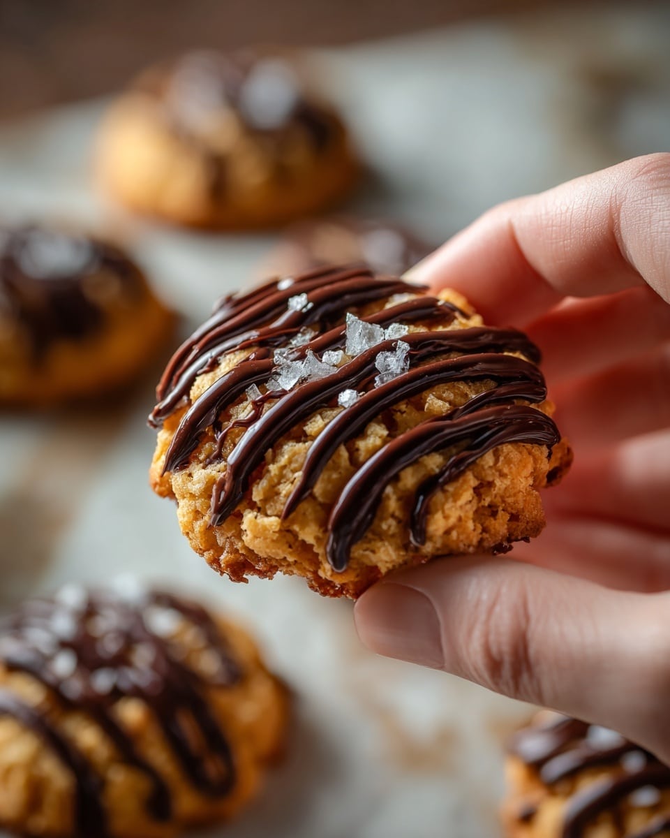A close-up shot of a rough-textured, round cookie held by a woman's hand, showing its golden-brown base with a crisp look. The top layer has thick, dark chocolate drizzle in parallel lines covering most of the cookie surface. Small sprinkles of flaky salt are scattered on top of the chocolate, adding texture and contrast. In the background, a blurred view shows more cookies of the same kind placed on a white marbled surface. The image captures the cookie’s crumbly texture and shiny chocolate, with soft natural light highlighting details. Photo taken with an iphone --ar 4:5 --v 7