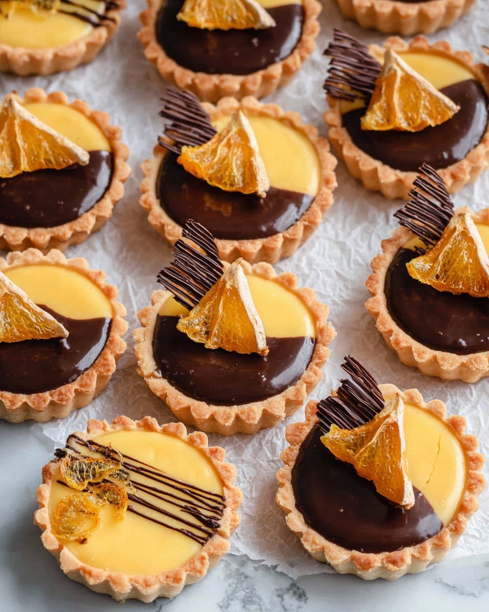 The image shows small tartlets arranged on crinkled white paper on a white marbled surface. Each tartlet has a golden-brown crust shaped with a scalloped edge. Inside, two kinds of fillings alternate: smooth, shiny dark chocolate and creamy yellow custard. The chocolate tarts are topped with triangular, dried orange slices standing upright, while the custard tarts have dark chocolate drizzle lines and small bits of dried orange on one side. The overall look is neat and colorful, with warm brown, black, yellow, and orange tones. Photo taken with an iphone --ar 4:5 --v 7