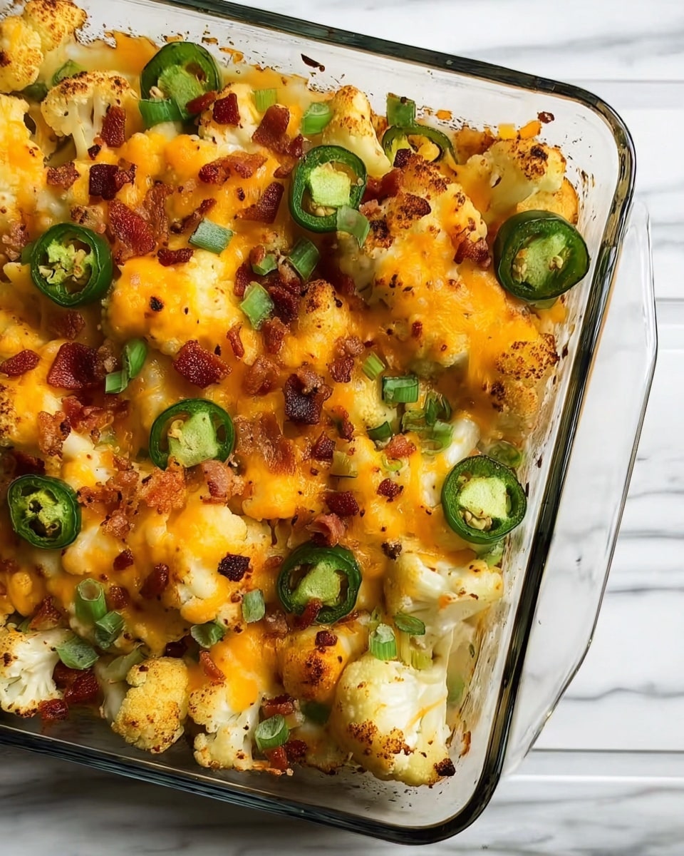 A glass baking dish filled with a baked casserole showing layers of roasted cauliflower florets scattered on top mixed with green sliced jalapeños. The cauliflower is covered in melted bright orange cheddar cheese with small pieces of crispy cooked bacon sprinkled evenly throughout. The textures show a mix of soft melted cheese, juicy baked vegetables, and crunchy bacon bits. The dish sits on a white marbled surface. photo taken with an iphone --ar 4:5 --v 7