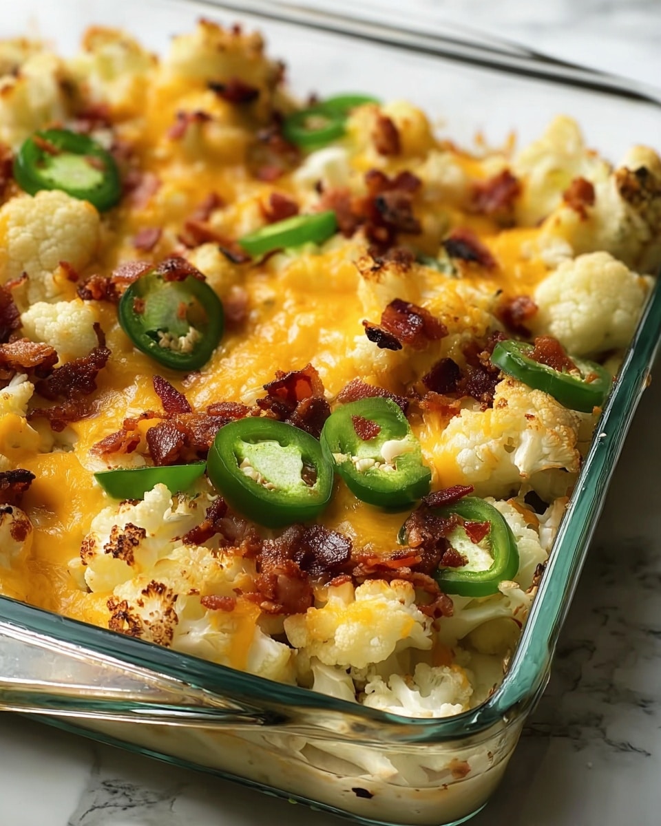 The image shows a glass baking dish filled with a cooked cauliflower casserole. The dish has a base layer of roasted white cauliflower florets with some browned spots. On top, there are melted yellow-orange cheese patches covering the cauliflower unevenly. Scattered throughout are crisp, small pieces of reddish-brown bacon and bright green slices of jalapeño peppers, adding color and texture contrast. The dish is placed on a surface with a white marbled texture, and the focus is close to show the gooey cheese and crispy bacon details. Photo taken with an iphone --ar 4:5 --v 7