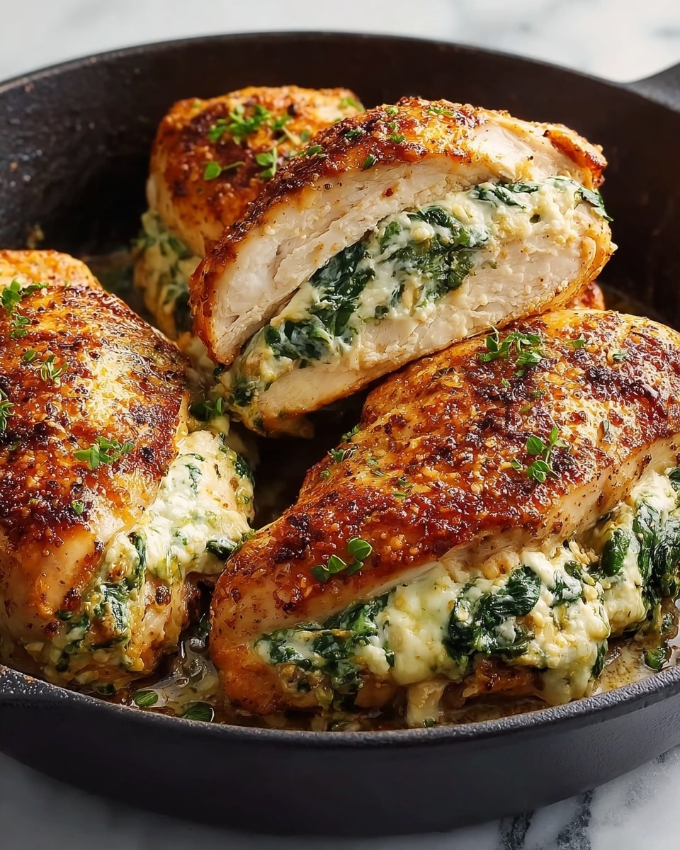 Four large golden-brown chicken breasts with a crispy, seasoned top layer are cooked in a black skillet. Each chicken breast is sliced open and stuffed with a creamy white filling mixed with leafy green spinach, showing three clear layers: the browned outer chicken, the creamy cheese layer, and the textured green spinach in the center. Small green herbs are sprinkled over the chicken, adding a fresh touch. The skillet sits on a white marbled surface with a soft light highlighting the juicy texture of the dish. photo taken with an iphone --ar 4:5 --v 7