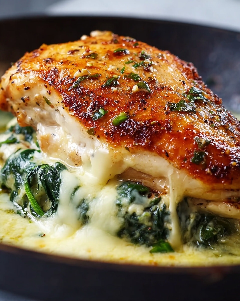 A close-up image of a dish showing a thick, golden-brown chicken breast on top, with a crispy, seasoned skin that has small green herb bits sprinkled on it. Beneath the chicken is a creamy layer of melted cheese mixed with dark green spinach, which looks soft and lightly wilted. The cheese is gooey and slightly stretched, oozing out from under the chicken, resting on a white marbled surface under the food. The dish is served in a black pan, highlighting the vibrant colors of the chicken and spinach cheese mixture. Photo taken with an iphone --ar 4:5 --v 7