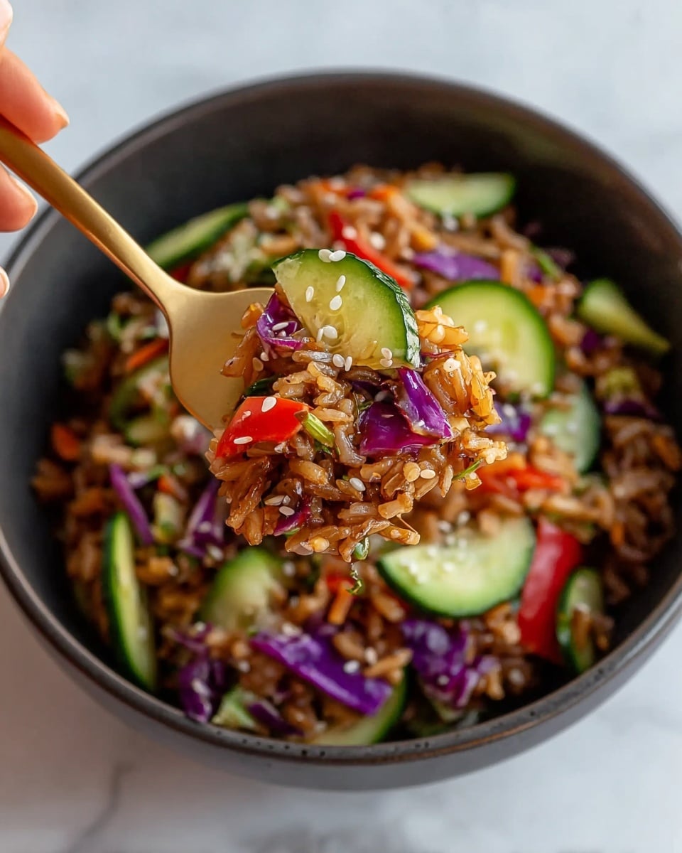 The image shows a dark bowl filled with a colorful rice salad. The base layer is brown cooked rice mixed with sauce, making it moist and shiny. Scattered through the rice are slices of bright green cucumber, thin strips of red bell pepper, and pieces of purple cabbage, adding vibrant color and a crunchy texture. On top, small white sesame seeds are sprinkled for contrast. A gold fork is lifting a bite-sized portion of this mixture, held by a woman's hand, showing a close view of the mixed ingredients. The background surface is a white marbled texture. photo taken with an iphone --ar 4:5 --v 7