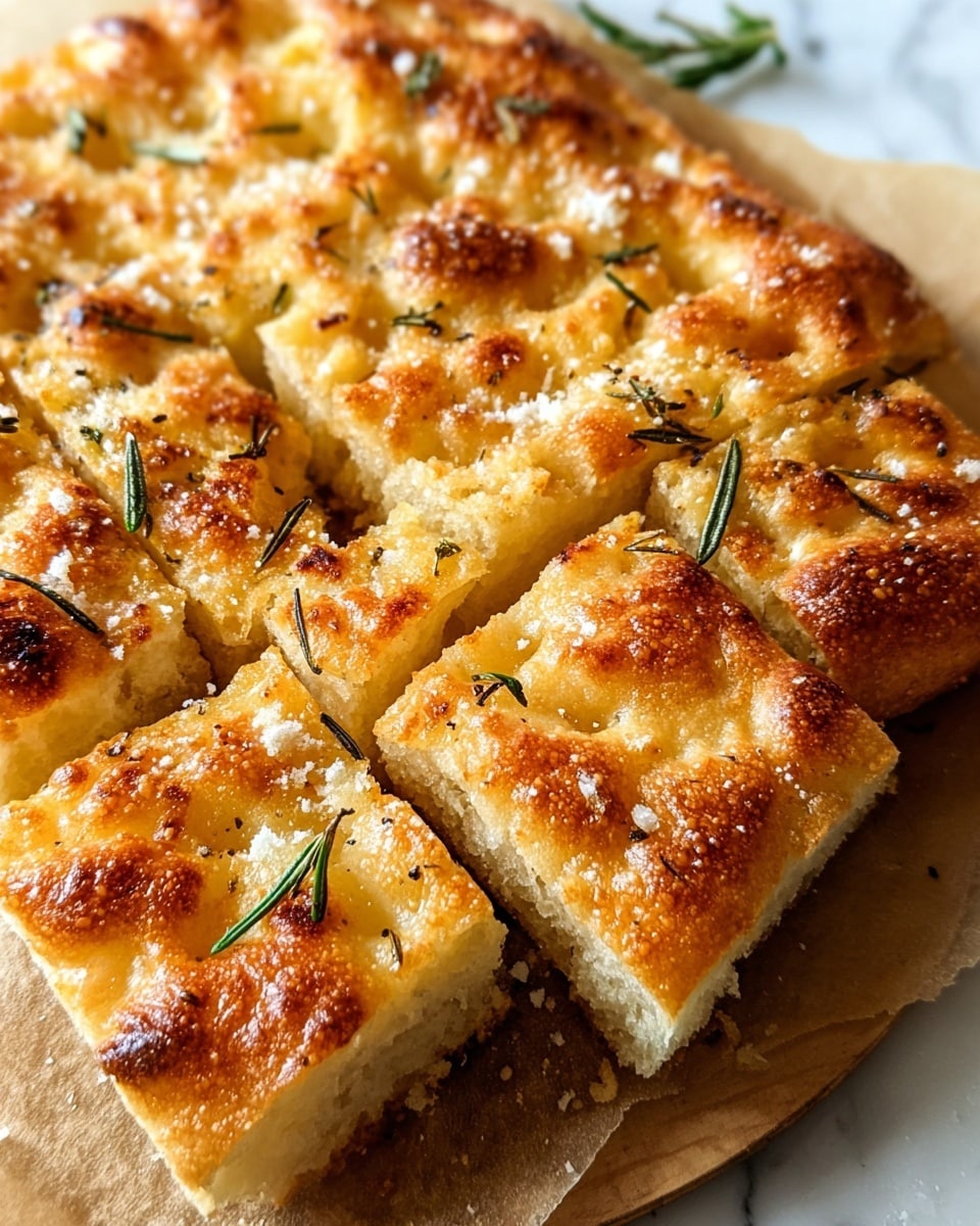 A square focaccia bread cut into smaller square pieces sits on brown parchment paper over a white marbled surface. The focaccia has a golden brown, slightly crispy crust with bubbly, airy texture showing on top layer. Scattered across the surface are coarse salt crystals and small sprigs of rosemary, adding detail with their green color and needle-like texture. The bread looks soft and moist inside with a light yellow tone. Photo taken with an iphone --ar 4:5 --v 7