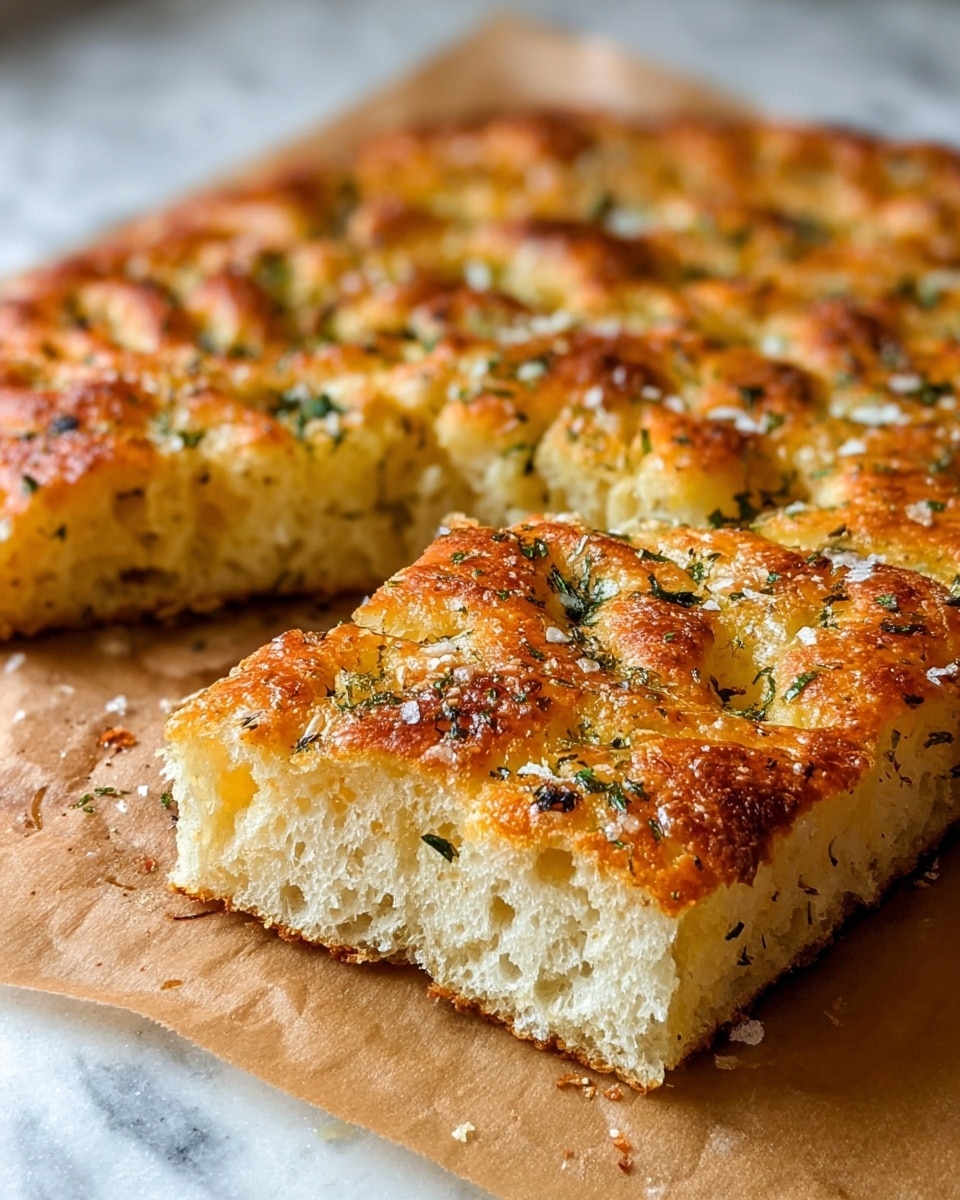 A thick, square focaccia bread with a golden brown top layer that is crispy and dimpled, sprinkled with coarse sea salt and green herb flakes across the surface. The bread shows one piece cut and slightly pulled out from the whole, revealing a soft, airy inside with visible air pockets. The focaccia is placed on brown parchment paper, set on a white marbled texture. Photo taken with an iphone --ar 4:5 --v 7
