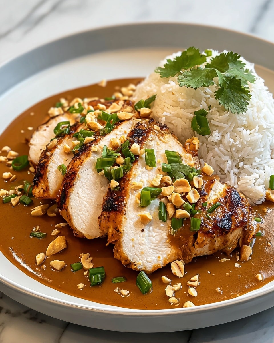 The image shows a dish with three thick slices of grilled chicken breast placed in the center of a white plate. The chicken is covered with a smooth, rich brown sauce that pools beneath it. On top, there are chopped green onions and halved peanuts scattered for texture and color. To the right of the chicken, there is a serving of fluffy white rice garnished with a few sprigs of fresh cilantro. The background features a white marbled surface, giving a clean and bright look to the overall presentation. photo taken with an iphone --ar 4:5 --v 7