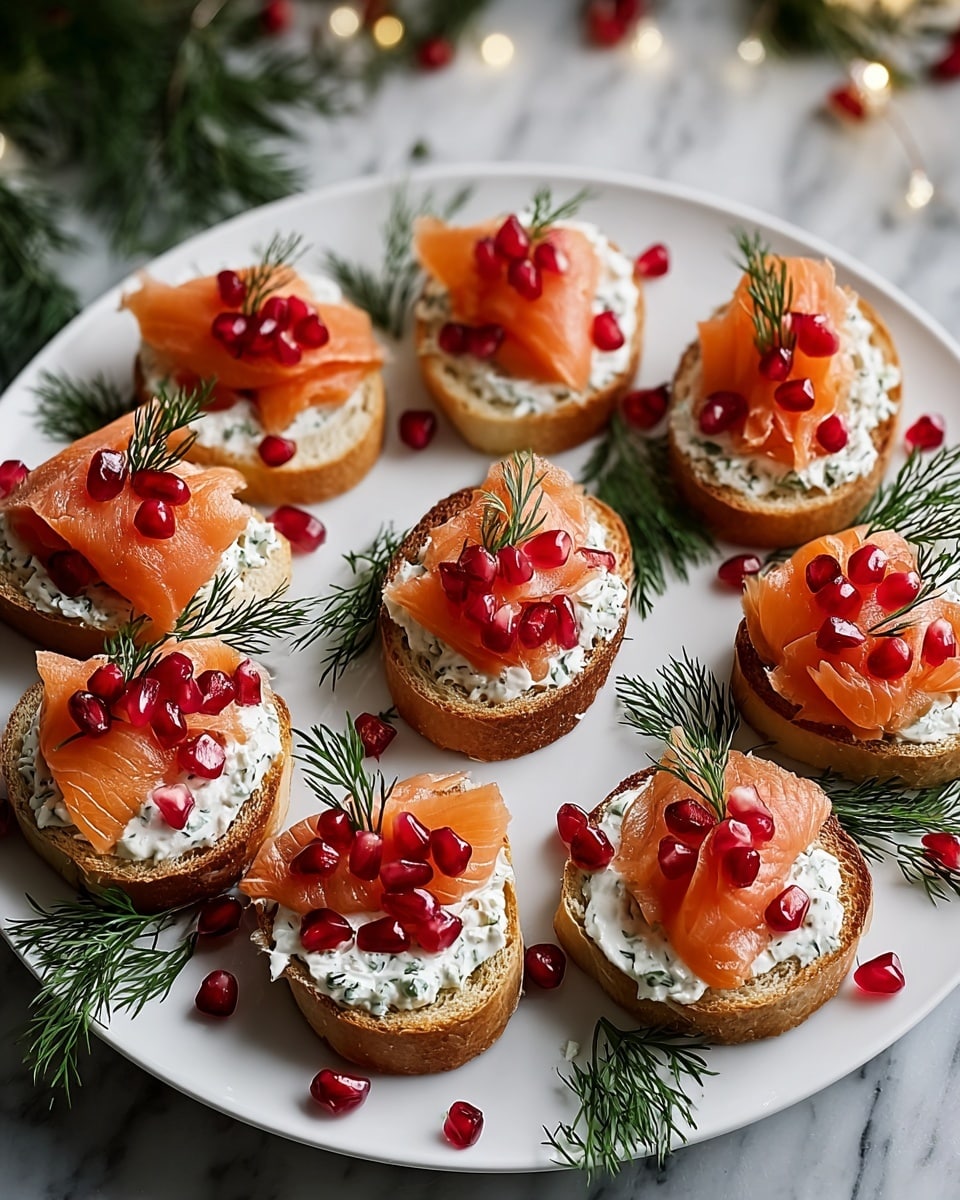 A white plate is arranged with nine circular toasted bread pieces forming a ring, each slice topped with a thick layer of white cream cheese mixed with green herbs. On top of the cream cheese are delicate, folded slices of orange smoked salmon, giving a soft and slightly shiny texture. Bright red pomegranate seeds are scattered generously on each piece, creating small shiny clusters. Green sprigs of fresh dill are placed delicately on each toast and around the plate edges, adding a feathery texture and color contrast. A few pomegranate seeds also sit on the white marbled surface around the plate, completing the festive look. The photo is taken with an iphone --ar 4:5 --v 7