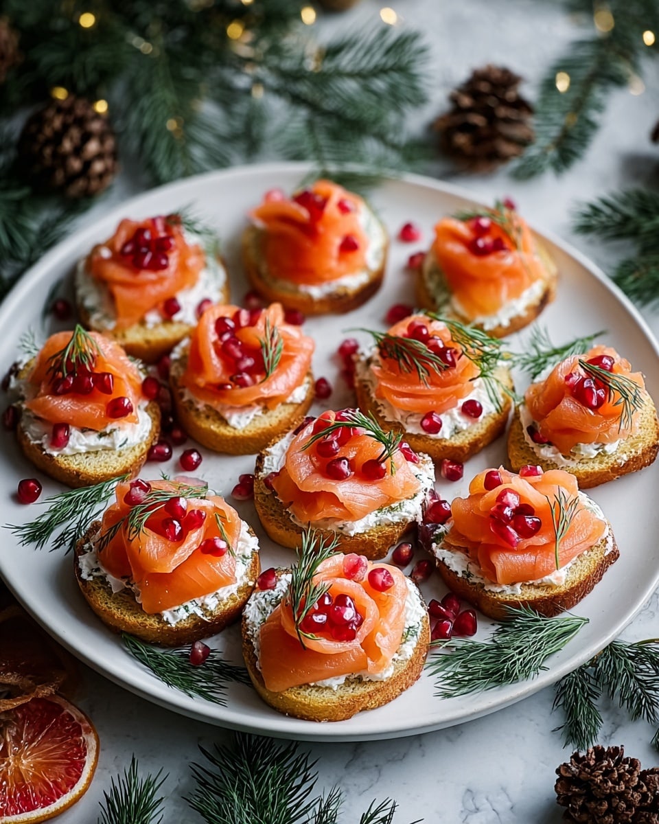 A white plate is arranged with several small round toasts, each having three distinct layers. The bottom layer is a golden brown toasted bread, thick and crispy. The middle layer is a white creamy spread, smooth in texture, evenly spread over each toast. On top of this sits delicate slices of light orange smoked salmon, folded softly into rose-like shapes. Bright red pomegranate seeds are scattered on the salmon, adding a glossy, jewel-like finish. Small sprigs of fresh green dill are placed among the toasts, enhancing the festive look. The plate rests on a white marbled textured surface, surrounded by soft green pine branches, pine cones, and cut pieces of blood orange for a cozy holiday feel. photo taken with an iphone --ar 4:5 --v 7