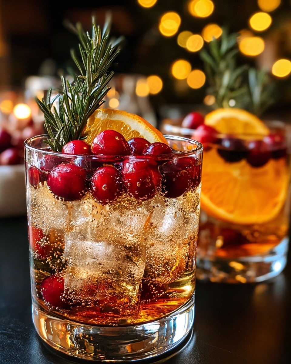 A clear glass is filled with sparkling amber liquid and several large ice cubes, showing a bubbly texture inside. Floating on top are bright, shiny red cranberries grouped together, with a sprig of dark green rosemary sticking up from the center. Behind the cranberries is a thick, curved slice of orange with a bright skin and juicy inside, partially submerged in the drink. A second identical glass is out of focus in the background, creating depth. The scene is set on a dark surface with soft yellow lights glowing in the blurred background, and the overall feel is warm and festive. photo taken with an iphone --ar 4:5 --v 7