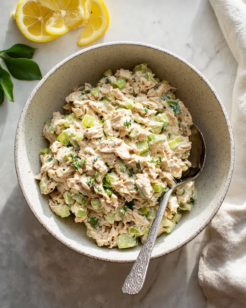 A close-up view of a creamy chicken salad in a white speckled bowl, showing a mix of shredded light beige chicken and chopped light green celery pieces blended with a thick, pale dressing that has small green herb flecks throughout. A silver spoon with a slightly hammered handle is placed inside the bowl on the right side, partially submerged in the salad. In the background, on a white marbled surface, there are three lemon wedges and some green leaves on the upper left, along with a soft white cloth on the right edge. The lighting is soft and natural, highlighting the textures of the salad and the bowl’s speckled surface. photo taken with an iphone --ar 4:5 --v 7