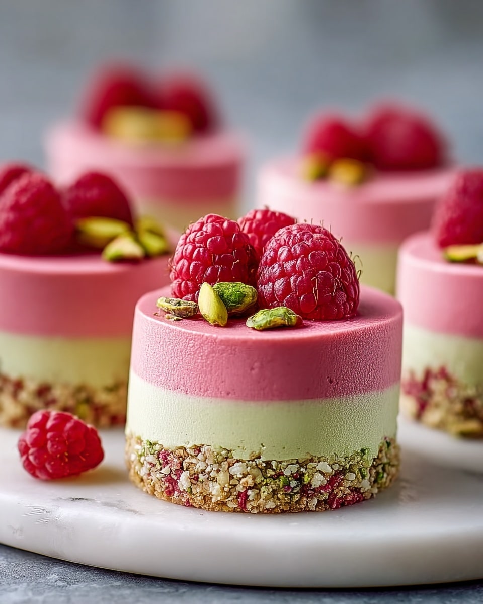 The image shows several small round cakes with three distinct layers, sitting on a white plate on a white marbled surface. The bottom layer is a crunchy crumb mix with colorful bits of green pistachios and red crumbs, giving it a rough texture. The middle layer is smooth and creamy in pale green, about one-third of the cake height. The top layer is a thicker, smooth mousse in bright pink color, making up half the cake height. Each cake is decorated on top with fresh red raspberries and a few green pistachio pieces scattered around. The focus is on the front cake, with the others softly blurred in the background. photo taken with an iphone --ar 4:5 --v 7