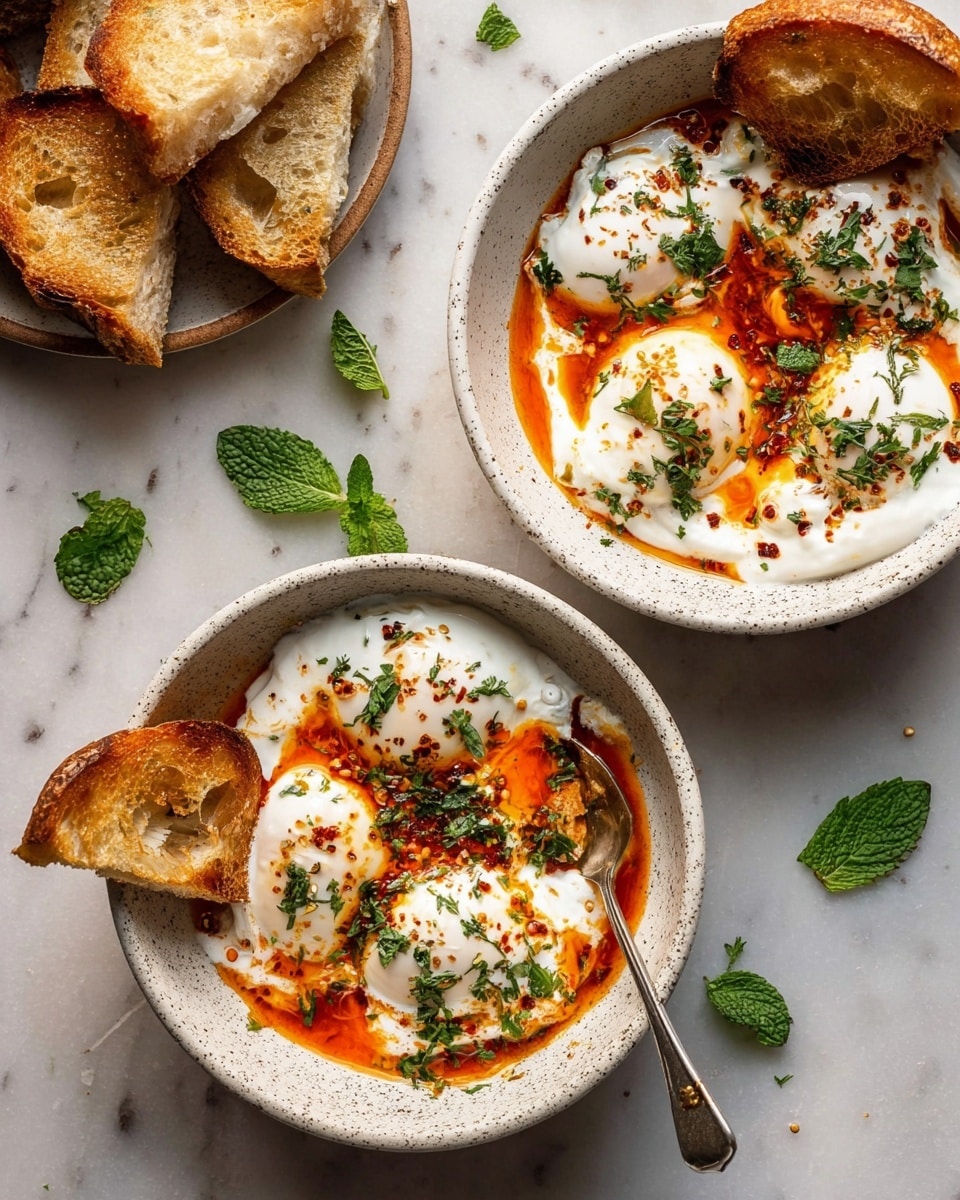 Two white speckled bowls on a white marbled surface each hold three soft white poached eggs on a thick layer of creamy white yogurt. The eggs are drizzled with a bright red-orange oily sauce with flecks of spices, sprinkled with finely chopped green herbs. Each bowl is served with three pieces of golden toasted bread leaning on the side of the bowl. A silver spoon rests in the top bowl, and green mint leaves are scattered around on the surface. Photo taken with an iphone --ar 4:5 --v 7