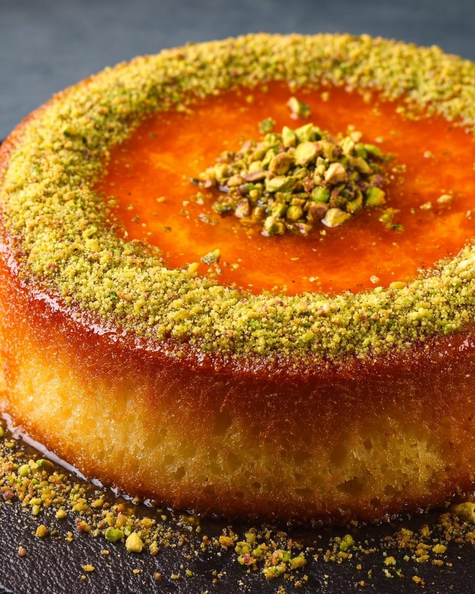 A round golden-brown crispy cake with a shiny orange layer inside, topped with a thick ring of crushed green pistachios around the edge and a small pile of the same pistachios in the center, all placed on a flat black surface with a slightly textured look. The cake's outer edges have a crunchy texture, while the middle orange layer looks soft and moist. The crushed pistachios add a rough and crumbly contrast on top. photo taken with an iphone --ar 4:5 --v 7