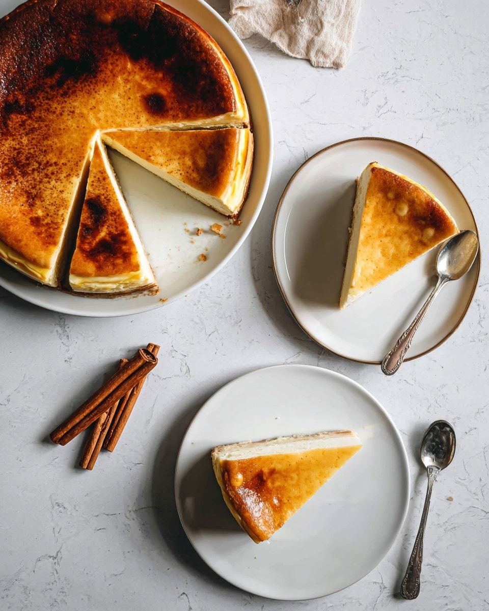A white plate holds a round cheesecake with a golden-brown top layer that looks smooth and slightly shiny, with some darker toasted spots. Three slices are cut from the cheesecake, showing a creamy off-white middle layer and a thin light brown crust at the bottom. A single slice is served on another white plate, with the same layers visible, and a silver spoon placed next to it. Two cinnamon sticks rest on the white marbled surface near the plates. photo taken with an iphone --ar 4:5 --v 7