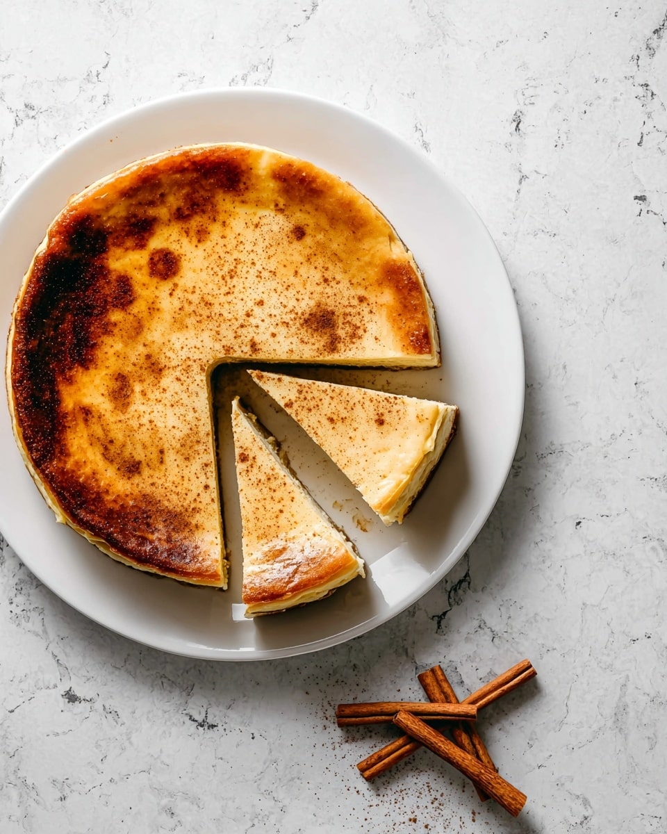 A round cheesecake sits on a white plate on a white marbled texture. The cheesecake has a smooth, light golden top with darker caramelized spots, and a light sprinkle of brown cinnamon powder across its surface. Two triangular slices are cut out and partially pulled out from the cake, showing a creamy, dense texture inside. Nearby, two whole cinnamon sticks rest on the white marbled texture to the right of the plate. photo taken with an iphone --ar 4:5 --v 7