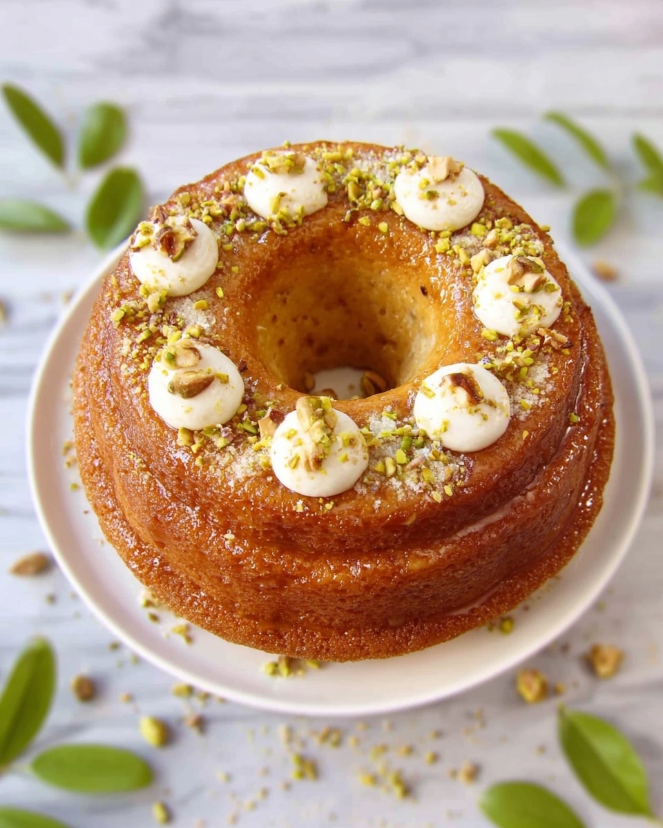 The image shows a round, bundt-shaped dessert with a golden brown color and a shiny glaze on top, sitting on a white plate. The dessert is decorated with small dollops of white cream evenly spaced around the ring, each topped with small nut pieces. The surface has a slightly textured look with crushed nuts and green pistachio bits sprinkled over it. The plate is placed on a white marbled background with some green leaves around it, giving a fresh and natural look. photo taken with an iphone --ar 4:5 --v 7