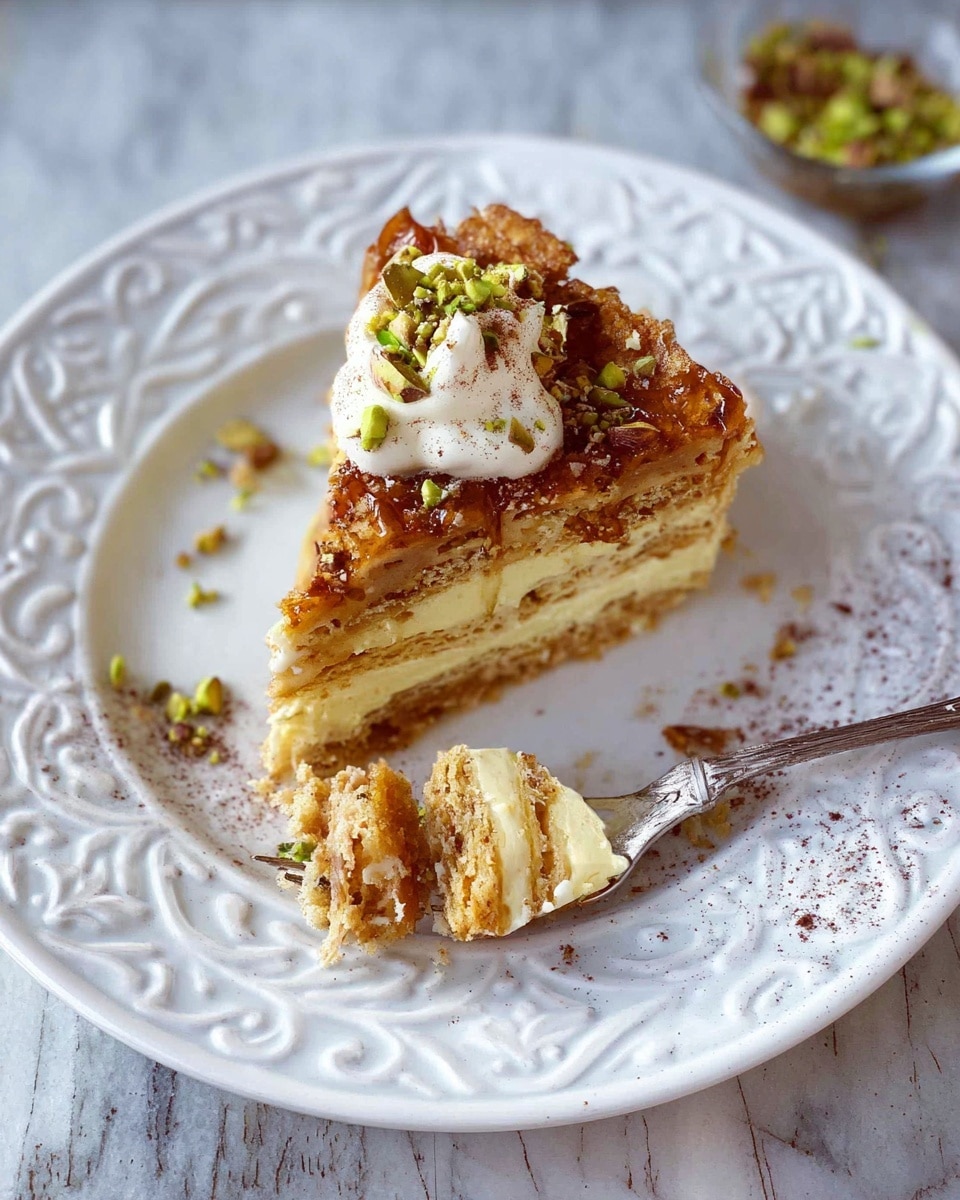 A slice of golden brown layered dessert sits on a white plate with ornate raised patterns. The dessert has about three visible layers: a light yellow creamy base, a middle layer with a crumbly light brown texture, and a top crispy, shiny layer with a drizzle of syrup. On the top, there is a dollop of white cream sprinkled with small green nuts and a dusting of brown powder. A fork with some dessert on it rests on the plate. The background is a white marbled texture. photo taken with an iphone --ar 4:5 --v 7