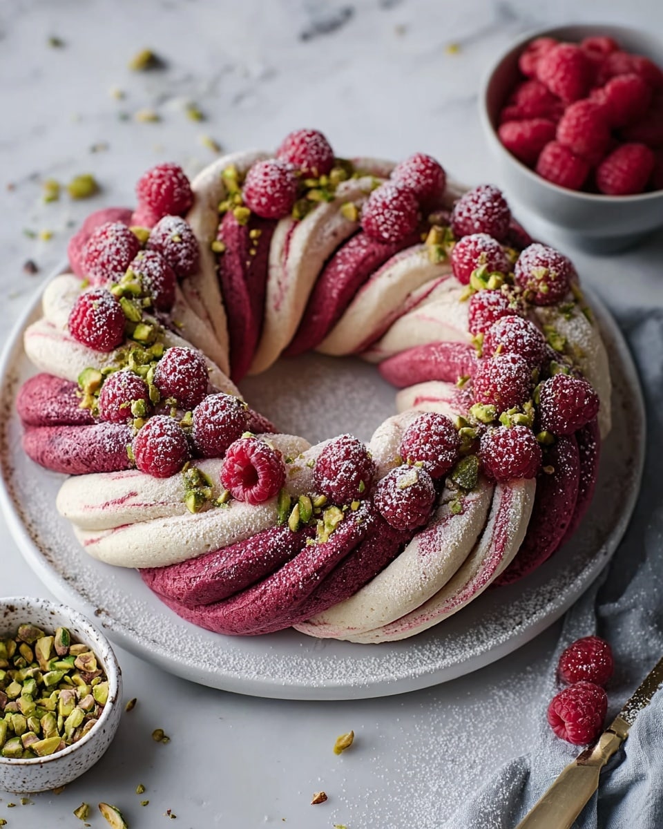 The image shows a twisted ring-shaped dessert with two main swirled layers: one is light cream color and the other a deep red berry shade. The twisted layers create a rope-like texture circling around with fresh red raspberries and small green pistachios scattered on top and around the dessert. There is a dusting of white powdered sugar covering the whole ring, giving it a soft, snowy look. The dessert sits on a white plate placed on a white marbled textured surface, with a small bowl of pistachios and raspberries nearby. Photo taken with an iphone --ar 4:5 --v 7