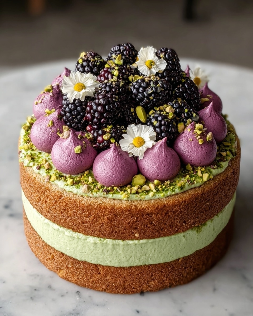 A two-layer round cake with light brown sponge layers separated by a green cream layer, topped with a thick green cream layer. On top of the green cream, there are large dollops of bright purple cream arranged in a circle. The center of the cake is filled with a pile of fresh blackberries. The blackberries and purple cream dollops are sprinkled with chopped green pistachios and small white edible flowers with yellow centers. The cake sits on a white marbled surface. photo taken with an iphone --ar 4:5 --v 7