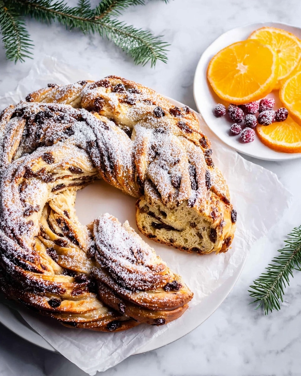 A twisted ring-shaped bread with a golden-brown crust, filled with dark raisins spread throughout each thick twisted layer, dusted generously with powdered sugar on top. The bread has around six visible layers, each with a soft, fluffy texture inside and a slightly crispy edge outside. One slice is missing from the ring, showing its light and airy inside. The bread is placed on white parchment paper over a white plate. Next to it, there is a white plate with bright orange slices and dark red berries, set against a white marbled texture surface. A small green pine branch lies near the plates. Photo taken with an iphone --ar 4:5 --v 7
