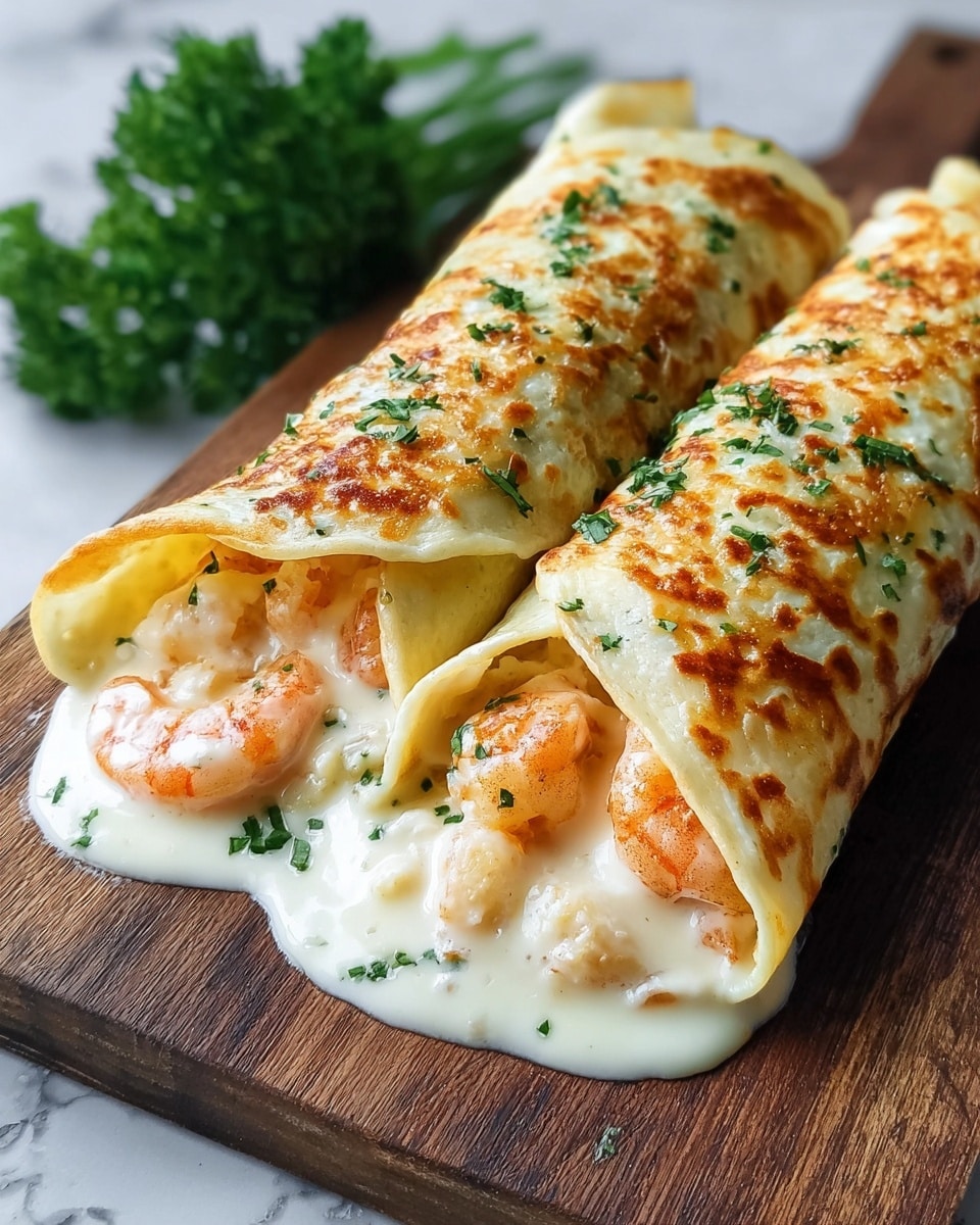 Two rolled crepes with a golden brown, slightly crispy top layer sprinkled with chopped green herbs fill the center of the image, resting on a wooden board. The crepes are filled with creamy white sauce and pinkish-orange sautéed shrimp, some shrimp peeking out at the front. The creamy sauce spills slightly onto the board, adding a glossy, smooth texture beneath the crepes. Fresh green parsley bushes in the background rest on a white marbled surface. Photo taken with an iphone --ar 4:5 --v 7