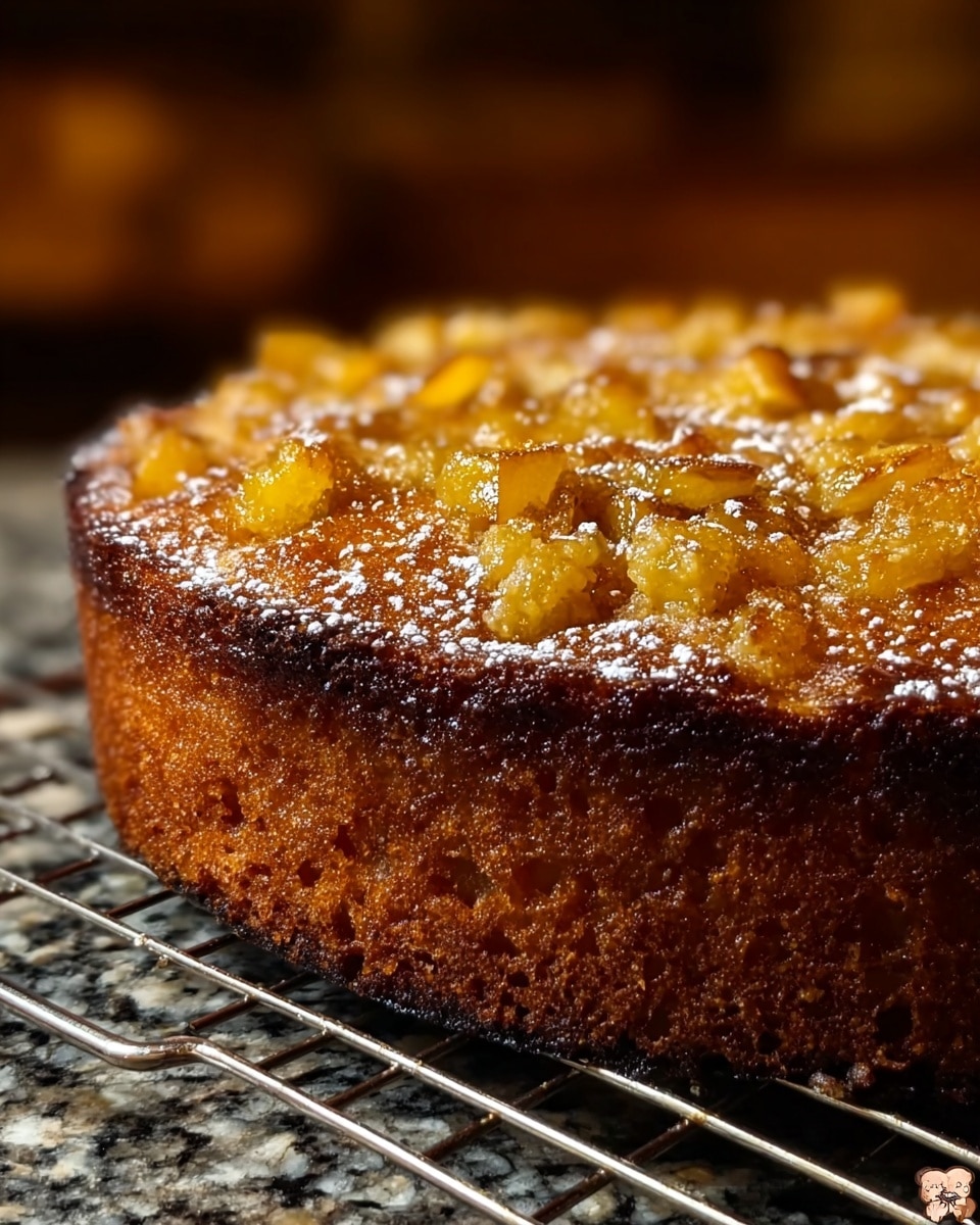 The image shows a close-up of a single-layer round cake with a golden-brown crust and a rough textured edge. The top layer is covered with small, chunky pieces of yellow fruit, which have a slightly caramelized look and are sprinkled with a light dusting of white powdered sugar. The cake sits on a metallic wire rack with a dark granite surface beneath. The background is blurred with warm tones. photo taken with an iphone --ar 4:5 --v 7