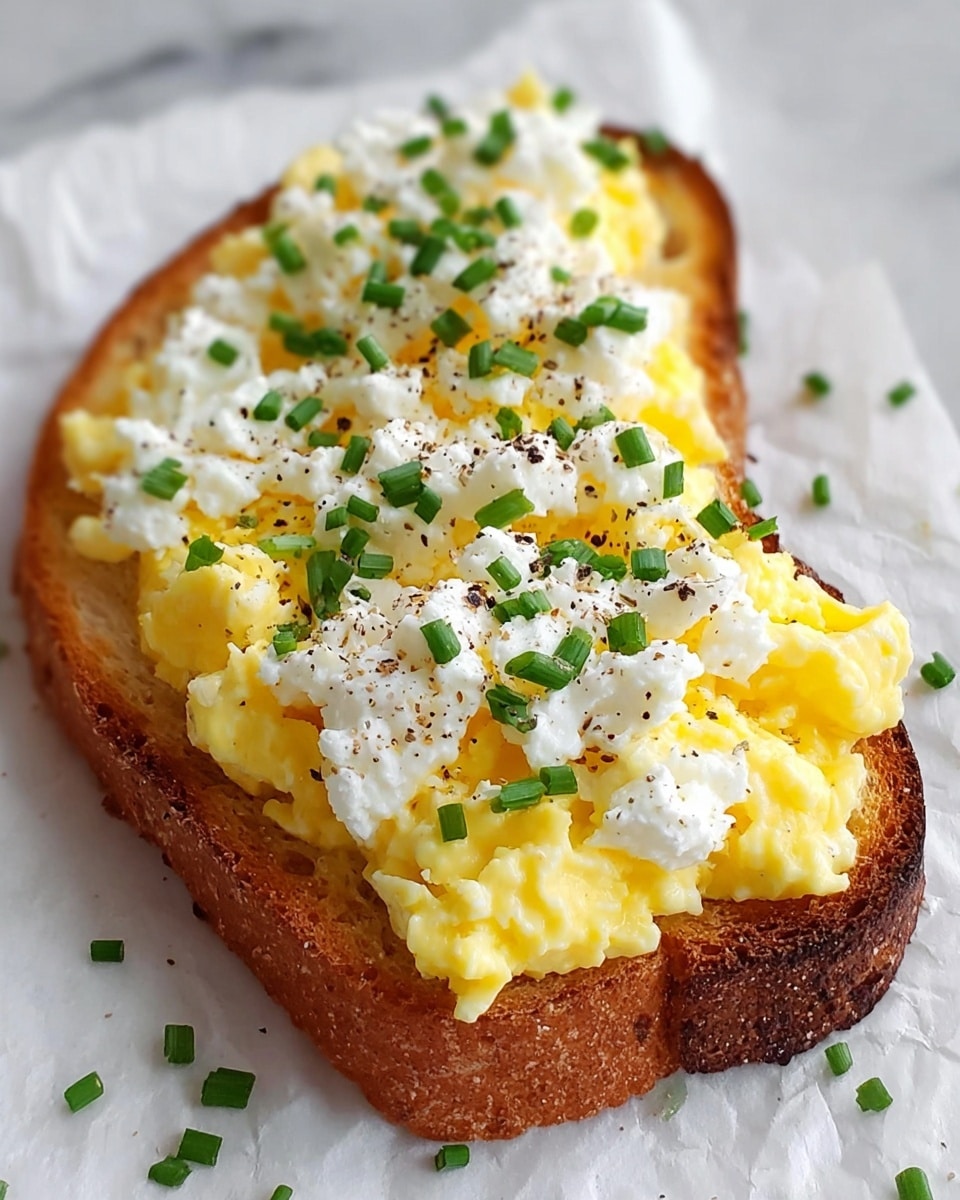 A close-up of a single slice of toasted bread with a golden brown crust and a soft interior, topped with two layers: the bottom layer is creamy, yellow scrambled eggs, and the top layer is white cottage cheese with a slightly lumpy texture. The toast is garnished with chopped green chives sprinkled evenly on top, along with a light dusting of ground black pepper. The toast sits on a piece of white parchment paper over a white marbled texture. Photo taken with an iphone --ar 4:5 --v 7