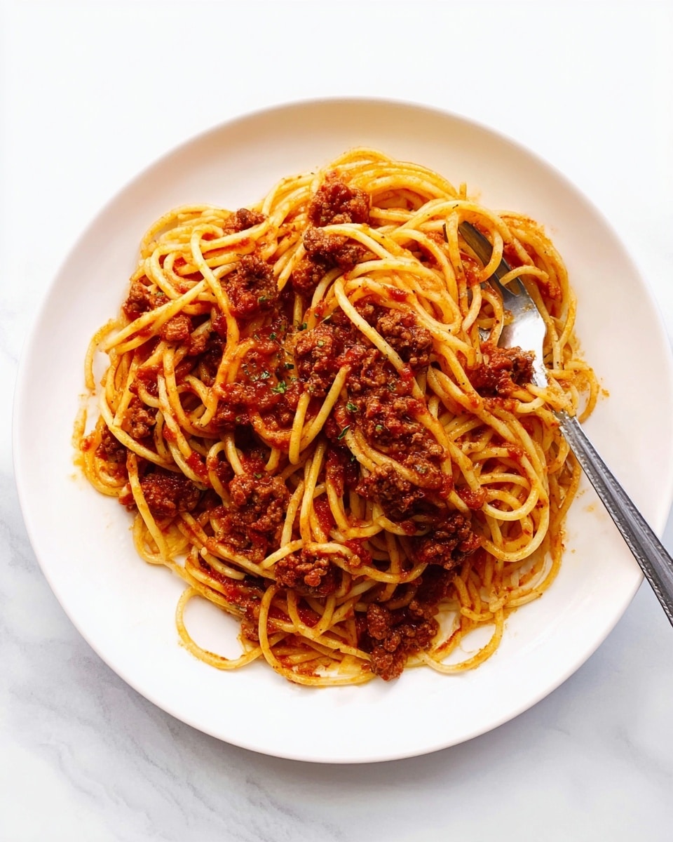 A white plate filled with a single layer of spaghetti noodles twisted loosely, coated lightly with red tomato sauce and mixed with small chunks of browned ground meat scattered evenly throughout. A silver fork rests on the right side of the plate, partially under some noodles. The plate is set on a white marbled surface, giving a clean and simple background to the vibrant pasta dish. photo taken with an iphone --ar 4:5 --v 7
