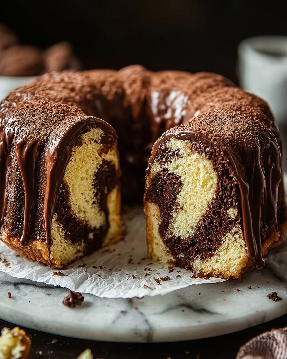 A round bundt cake with two visible layers inside, a light yellow vanilla layer swirling with a dark brown chocolate layer. The cake is covered with a smooth, glossy chocolate glaze that drips down the sides, topped with a dusting of fine chocolate powder. The cake sits on white baking paper, placed on a dark round plate, all set on a white marbled surface. There are a few crumbs and small pieces of cake around the base, and the background is blurred dark creating a cozy atmosphere. Photo taken with an iphone --ar 4:5 --v 7