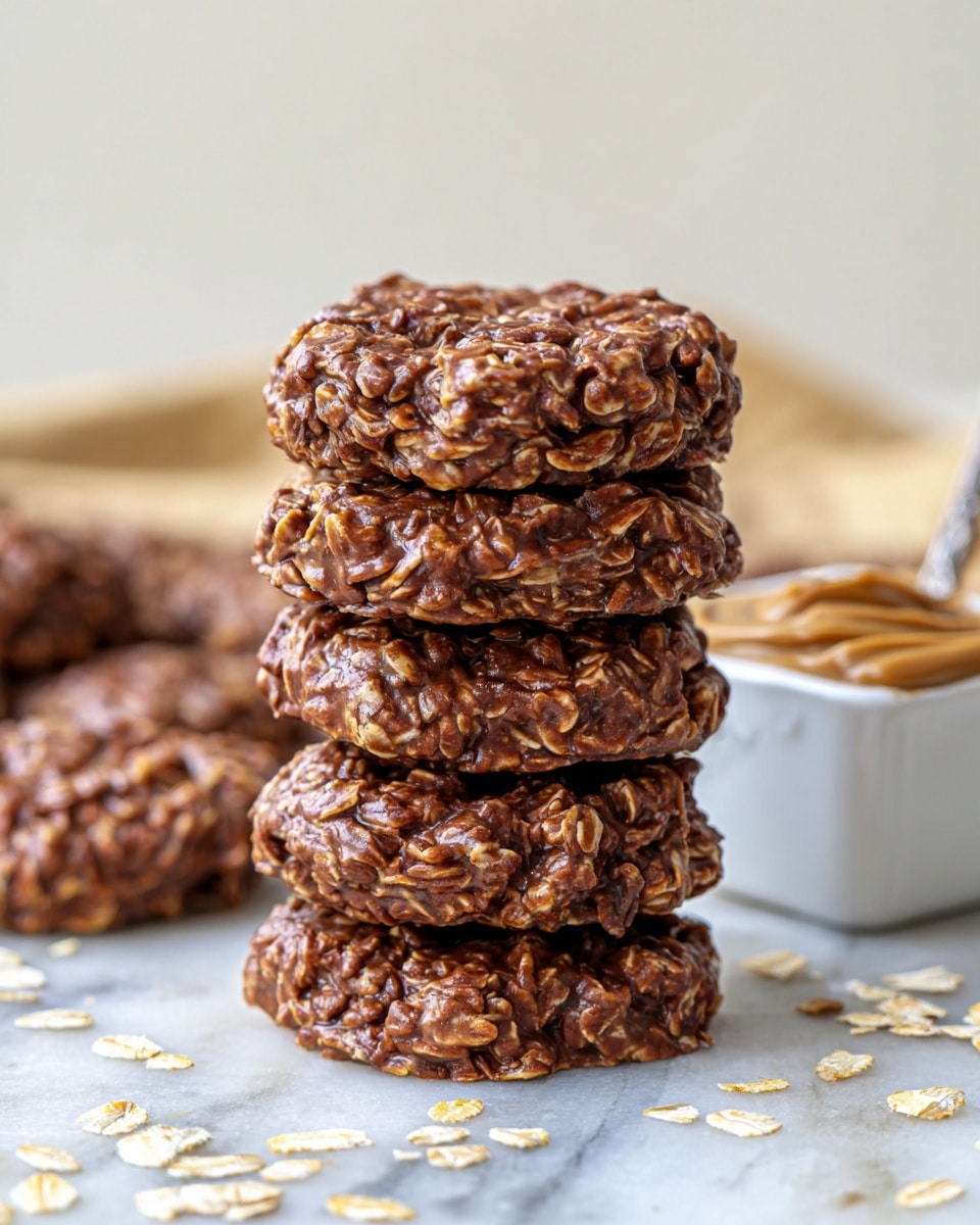 A close-up of a stack of five thick, round no-bake cookies with a rough texture made of oats and chocolate, showing a mix of dark brown and lighter brown shades from the oats, all stacked unevenly on a white marbled surface scattered with oat flakes. In the background, to the right, there is a small white square dish filled with creamy light brown peanut butter with a spoon inside it, and to the left, more cookies are blurred out. The soft natural light creates a warm and inviting look. Photo taken with an iphone --ar 4:5 --v 7