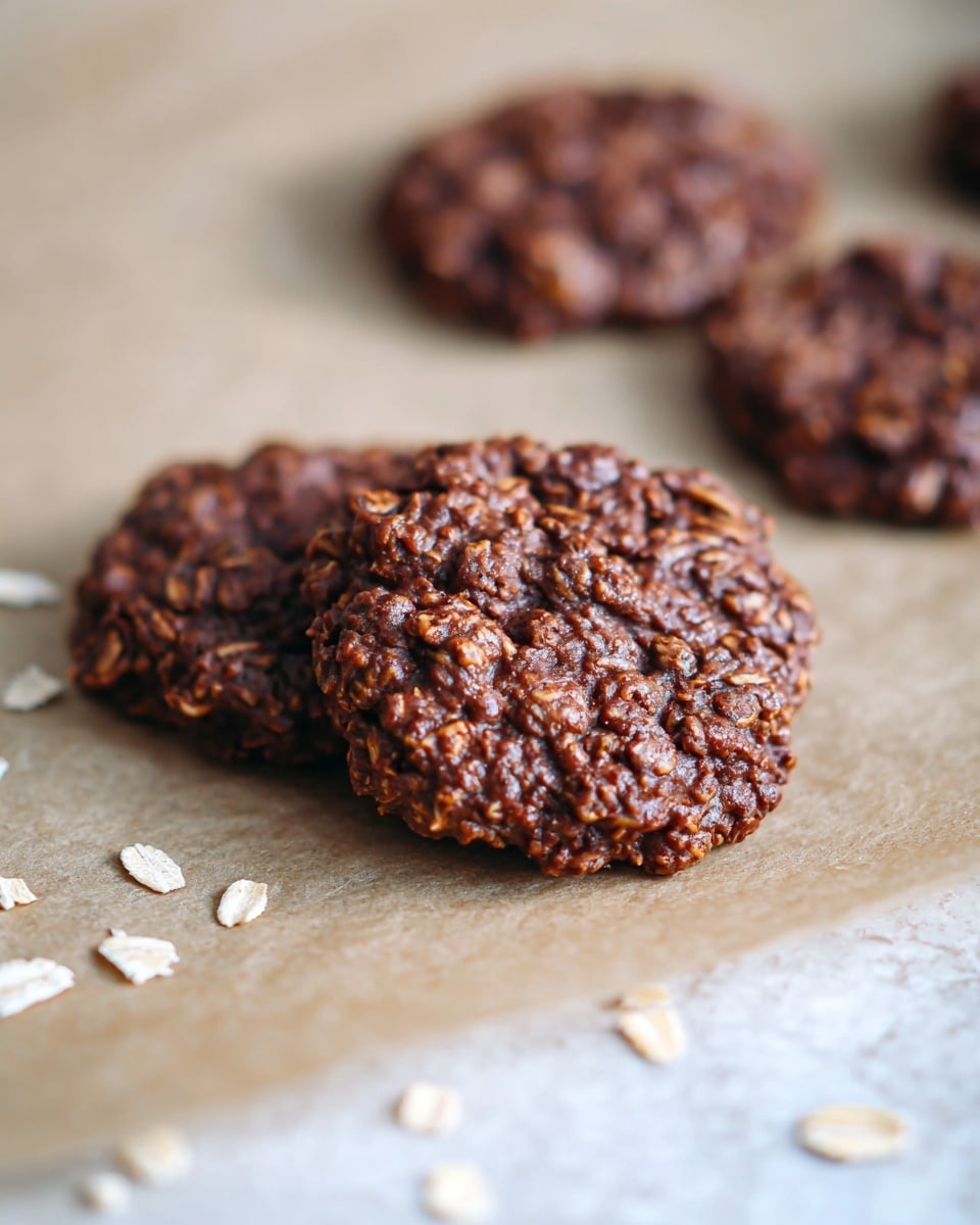 The image shows two chocolate oatmeal cookies placed closely together on a tan-colored parchment paper over a tray. The cookies are thick with rough, uneven textures and visible oats mixed throughout, giving a bumpy surface that shines slightly from the moisture. In the background, there are more cookies out of focus, and some loose oat flakes are scattered around the cookies. The setting is simple with a soft white marbled texture beneath the tray, adding light contrast to the dark brown cookies. photo taken with an iphone --ar 4:5 --v 7