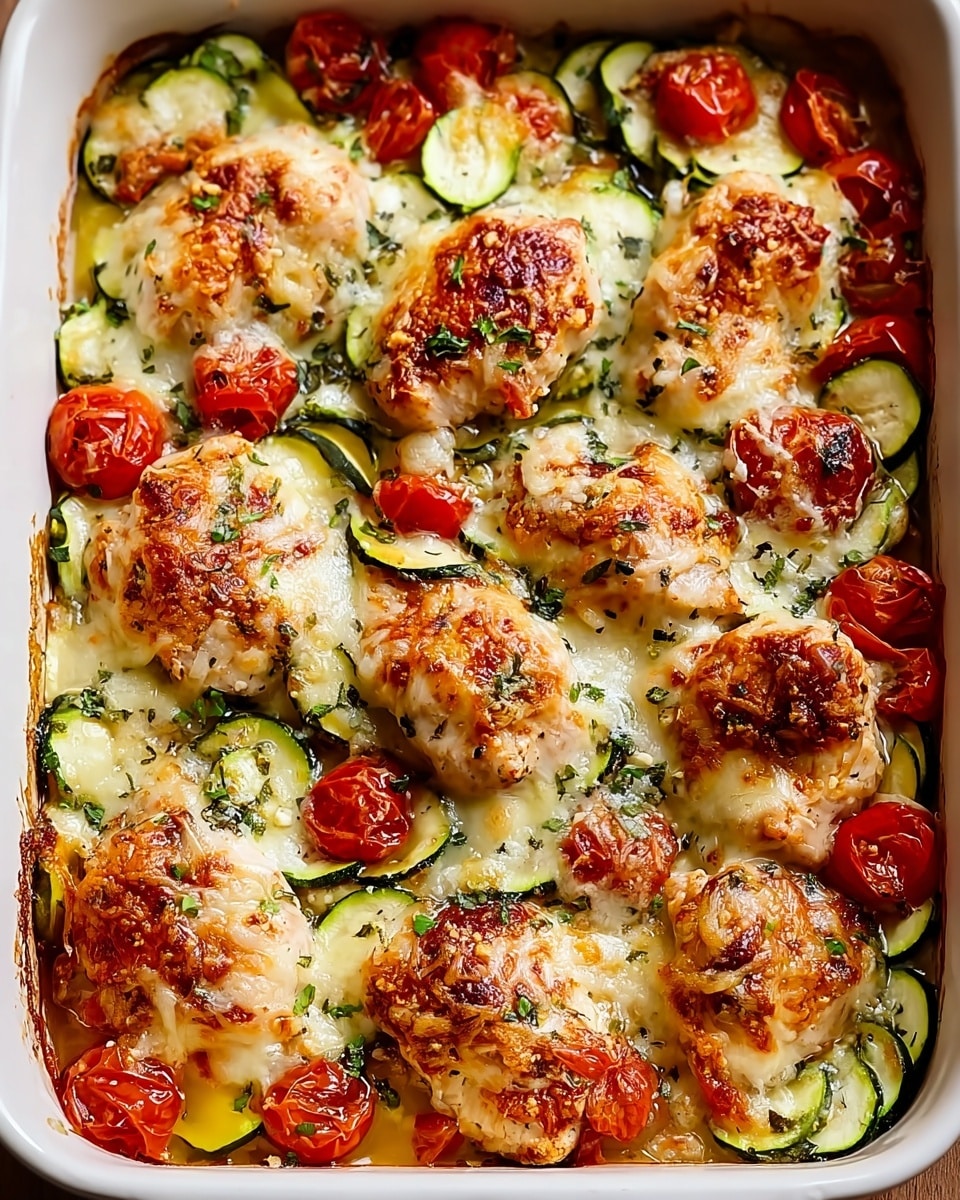A white baking dish filled with several browned chicken pieces covered with melted, golden cheese that has some crispy spots, sitting on top of layers of bright red roasted cherry tomato halves and green zucchini slices. The zucchini slices are thin, round, and spread throughout the dish mixed with the tomatoes and chicken. Small green herb sprinkles are scattered on the surface, adding texture and color. The edges of the dish are slightly browned with baked juices visible around the food. photo taken with an iphone --ar 4:5 --v 7