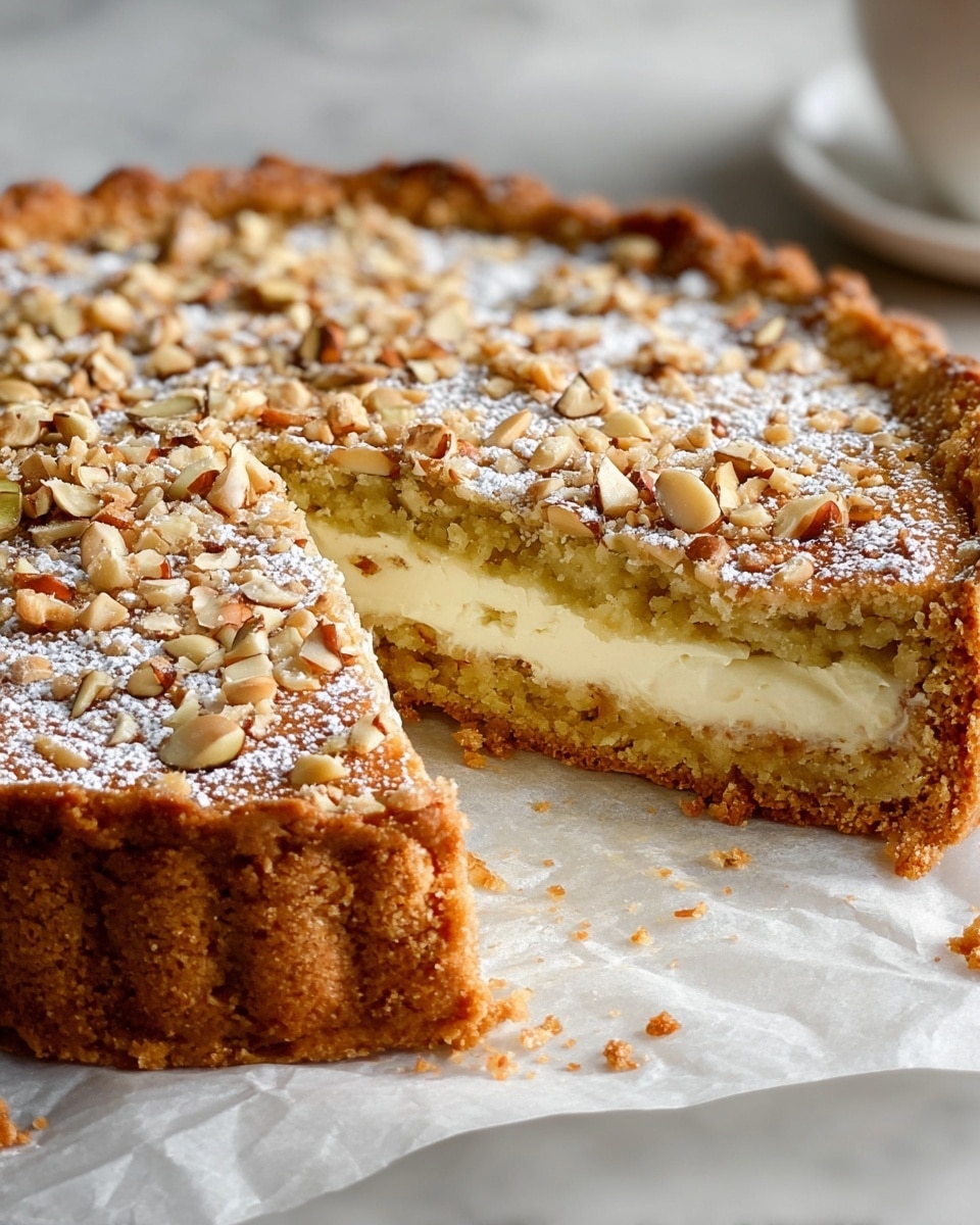 A round tart with two layers of golden-brown crumbly cake shows a thick layer of creamy white filling in the middle; the top of the tart is dusted with powdered sugar and sprinkled with chopped nuts, giving a slightly rough texture; the tart rests on white parchment paper on a white marbled surface; a triangular slice is missing from the tart, exposing the layers clearly; the crust edges are crisp and darker brown, adding crisp detail. photo taken with an iphone --ar 4:5 --v 7