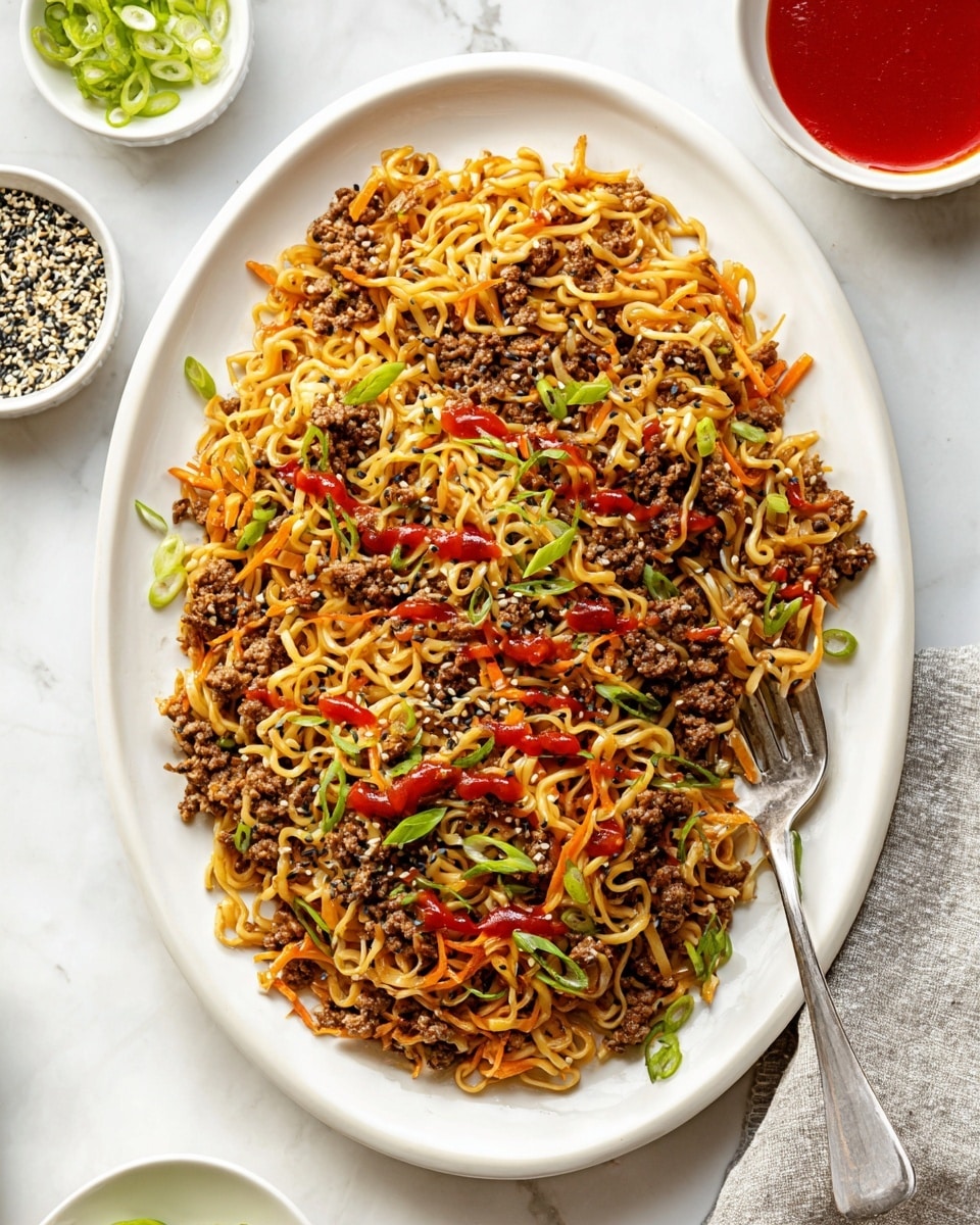 A large white oval plate holds a layered dish of stir-fried noodles mixed with ground beef and shredded orange carrots, creating a textured golden and brown base. Scattered light green slices of scallions add fresh contrast on top, along with small drops of bright red chili sauce drizzled over the noodles. Black sesame seeds are sprinkled lightly across the dish, enhancing the visual depth. A silver fork rests on the right side of the plate, partially inserted into the noodles. The plate is placed on a white marbled surface with small bowls of sliced scallion, red sauce, and mixed black and white sesame seeds nearby. photo taken with an iphone --ar 4:5 --v 7