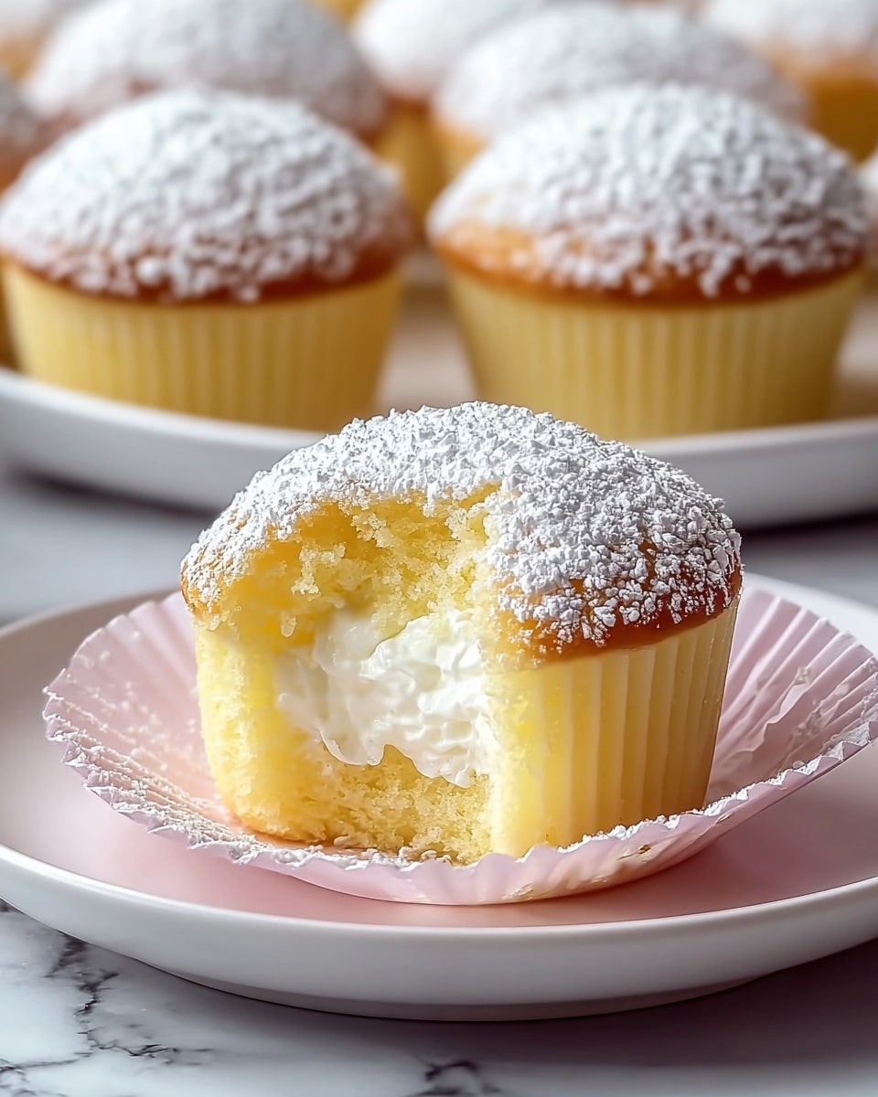 The image shows a close-up of a soft, light yellow cupcake with a fluffy white cream filling inside, visible through a bite taken from the front. The top layer is golden brown and dusted with a thick layer of white powdered sugar, creating a fine textured look. The cupcake is wrapped in a pale yellow liner, resting on a piece of light pink paper, all placed on a white plate. In the background, several similar cupcakes with the same powdered sugar topping are slightly blurred, sitting on a white marbled surface. photo taken with an iphone --ar 4:5 --v 7