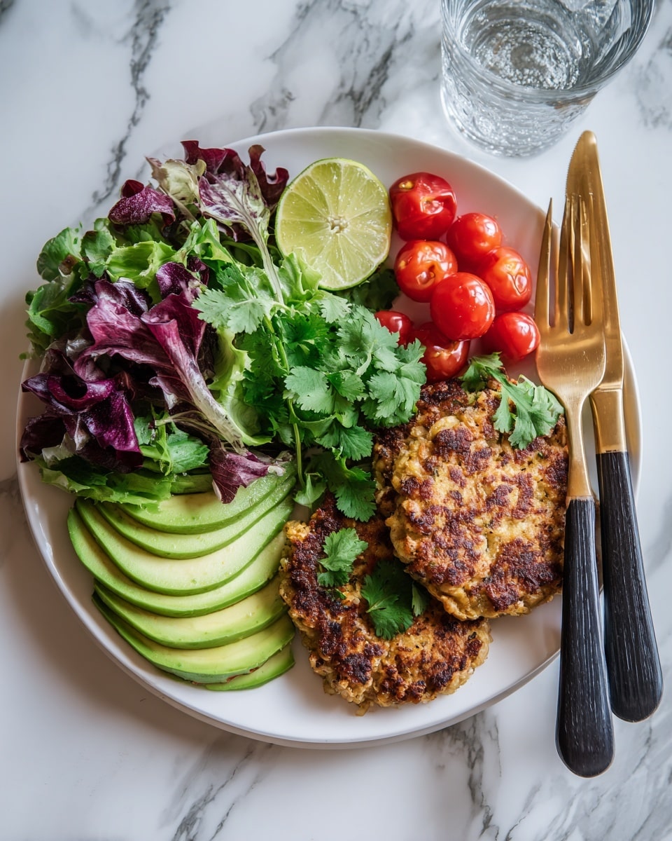 The image shows a white plate filled with colorful food on a white marbled surface. On the left side, there is a thinly sliced avocado fanned out in neat, light green layers with a smooth texture. Above the avocado is a mix of green and purplish-red leafy lettuce, adding a fresh and leafy texture. To the right of the lettuce, a small bunch of bright red cherry tomatoes on the vine adds a pop of color. Two golden-brown, grilled patties with bits of green herbs are stacked slightly overlapping near the middle right of the plate, topped with a sprig of fresh cilantro. A lime wedge with green peel and a juicy interior rests partly between the patties and the leafy greens. To the right of the plate, a gold fork and knife with black handles lie side by side. The upper right corner shows part of a clear glass with water on the white marbled surface. photo taken with an iphone --ar 4:5 --v 7