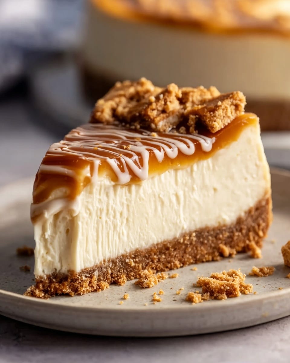 This image shows a slice of creamy cheesecake with a crumbly brown crust at the bottom. The cheesecake layer looks smooth and rich, topped with a glossy caramel or butterscotch layer that has been drizzled with a decorative swirl and sprinkled with small crunchy cookie or biscuit crumbs. The dessert is presented on a simple, light-colored plate, and some crumbs are scattered around, adding a rustic touch to the indulgent treat. Photo taken with an iPhone --ar 4:5 --v 7