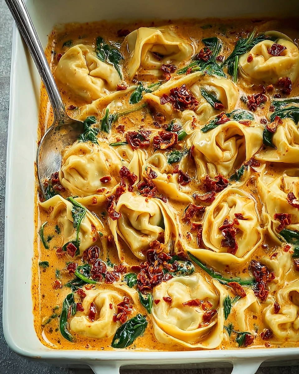 The image showcases a creamy pasta dish featuring plump, folded tortellini immersed in a rich, orange-hued sauce. The sauce appears to be infused with spices and herbs, with visible fresh spinach leaves and small heaps of what seems like crispy, crumbled bacon or chili flakes spread throughout, adding texture and color contrast. The dish is presented in a simple white rectangular baking dish, with a serving utensil resting on the side, ready to scoop up the indulgent pasta. The whole presentation looks warm, inviting, and flavorful. photo taken with an iPhone --ar 4:5 --v 7