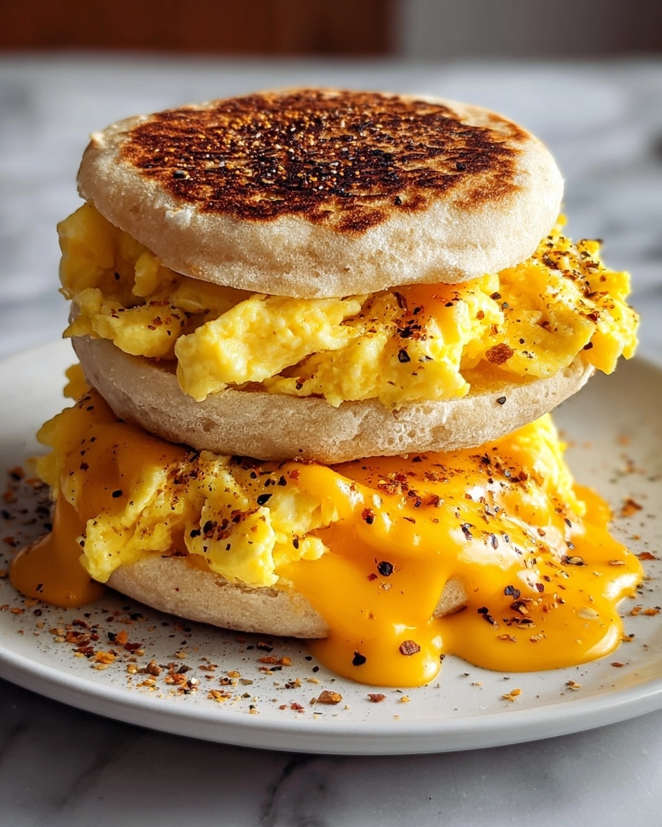 Two egg and cheese sandwiches are stacked on a white plate placed on a white marbled surface. Each sandwich has a toasted English muffin as the top and bottom layer, with the top muffin showing a golden brown, slightly charred texture. Inside, there are fluffy, bright yellow scrambled eggs with specks of black pepper. The bottom sandwich has melted cheddar cheese dripping over the edges of the eggs, adding a rich orange color and creamy texture. Some black pepper and seasoning are scattered on top of the eggs and around the plate. photo taken with an iphone --ar 4:5 --v 7