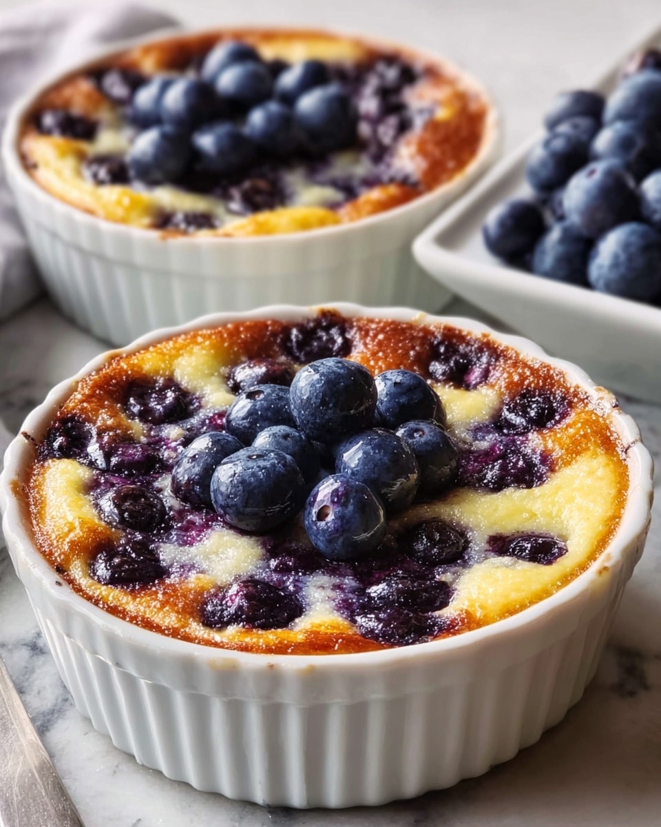 Two round white ceramic ramekins filled with a blueberry baked dessert sit on a white marbled surface. Each ramekin holds one layer of light golden-brown baked custard, dotted generously with cooked dark purple blueberries throughout. On top, a small cluster of fresh, plump blueberries forms a raised mound in the center. The edges of the custard have a slight crisp, caramelized texture. In the background, a white dish holds more fresh blueberries, slightly out of focus. photo taken with an iphone --ar 4:5 --v 7