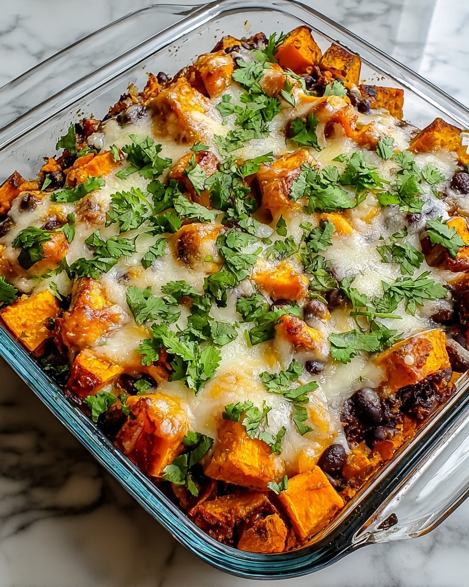 A glass baking dish filled with a layered casserole, starting with visible large orange chunks of roasted sweet potatoes and whole black beans, creating a colorful base. On top, a golden layer of melted cheese covers the dish in uneven patches, showing some browning from baking. Fresh green cilantro leaves are scattered over the cheese, adding a fresh touch of color. The casserole is thick and hearty, with textures of soft roasted vegetables, creamy melted cheese, and fresh herbs, all held together in the clear dish resting on a white marbled surface. photo taken with an iphone --ar 4:5 --v 7