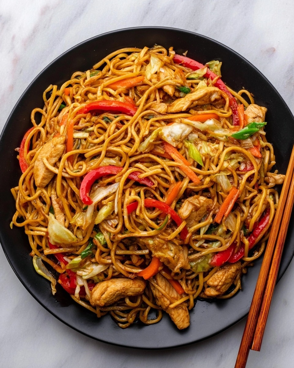 The image shows a black plate filled with stir-fried noodles mixed with strips of chicken, red bell peppers, sliced carrots, and pieces of cabbage, all coated with a shiny brown sauce. The noodles are long and slightly glossy, woven tightly together with the vegetables and chicken evenly spread throughout. The chicken pieces are light brown with a slightly crispy texture, while the vegetables add bright pops of red, orange, and green. The plate is placed on a white marbled surface. A pair of wooden chopsticks rests angled to the right of the plate. photo taken with an iphone --ar 4:5 --v 7