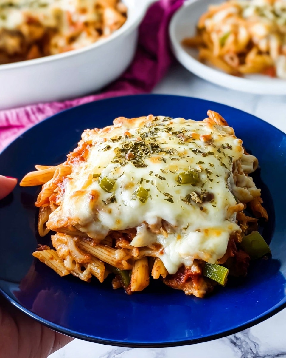 A close-up of a blue plate filled with baked pasta. The dish has three layers: the bottom layer is pasta with red sauce and bits of green bell pepper, the middle layer is a thick layer of melted white cheese, and the top layer is golden-brown melted cheese sprinkled with dried herbs and small green pepper pieces. The blue plate is held by a woman's hand and set against a white marbled background. In the back, the same dish is visible in a white bowl and on another blue plate with more pasta. photo taken with an iphone --ar 4:5 --v 7