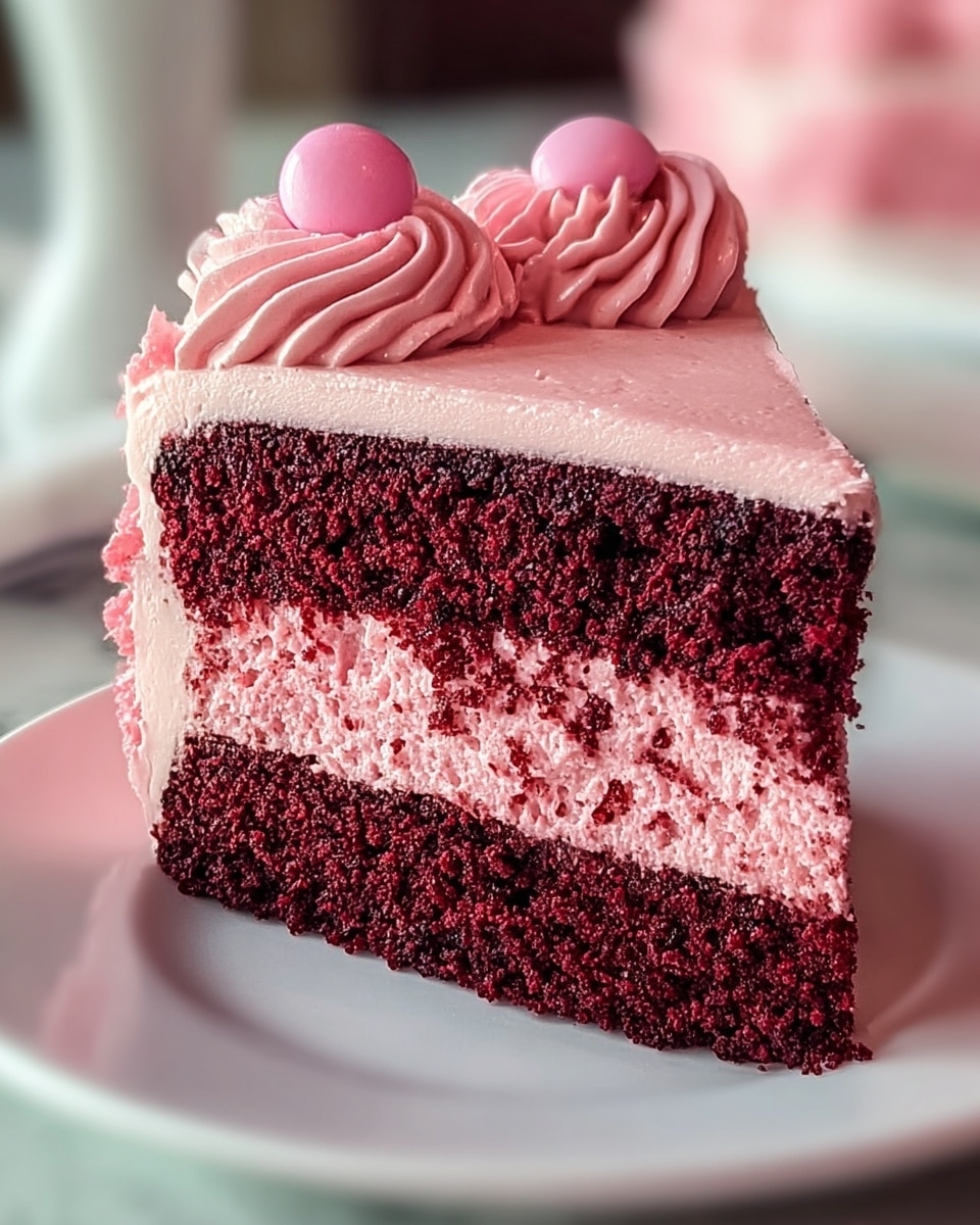 A close-up of a slice of red velvet cake on a white plate, showing three visible layers: a thick, dark red sponge base, a thick middle layer of smooth pink frosting, and another dark red sponge layer on top. The cake is covered with a layer of pink frosting that is slightly textured, with three swirls of piped pink frosting on the top, each topped with a small round pink candy. The background is softly blurred with a white marbled surface underneath. photo taken with an iphone --ar 4:5 --v 7